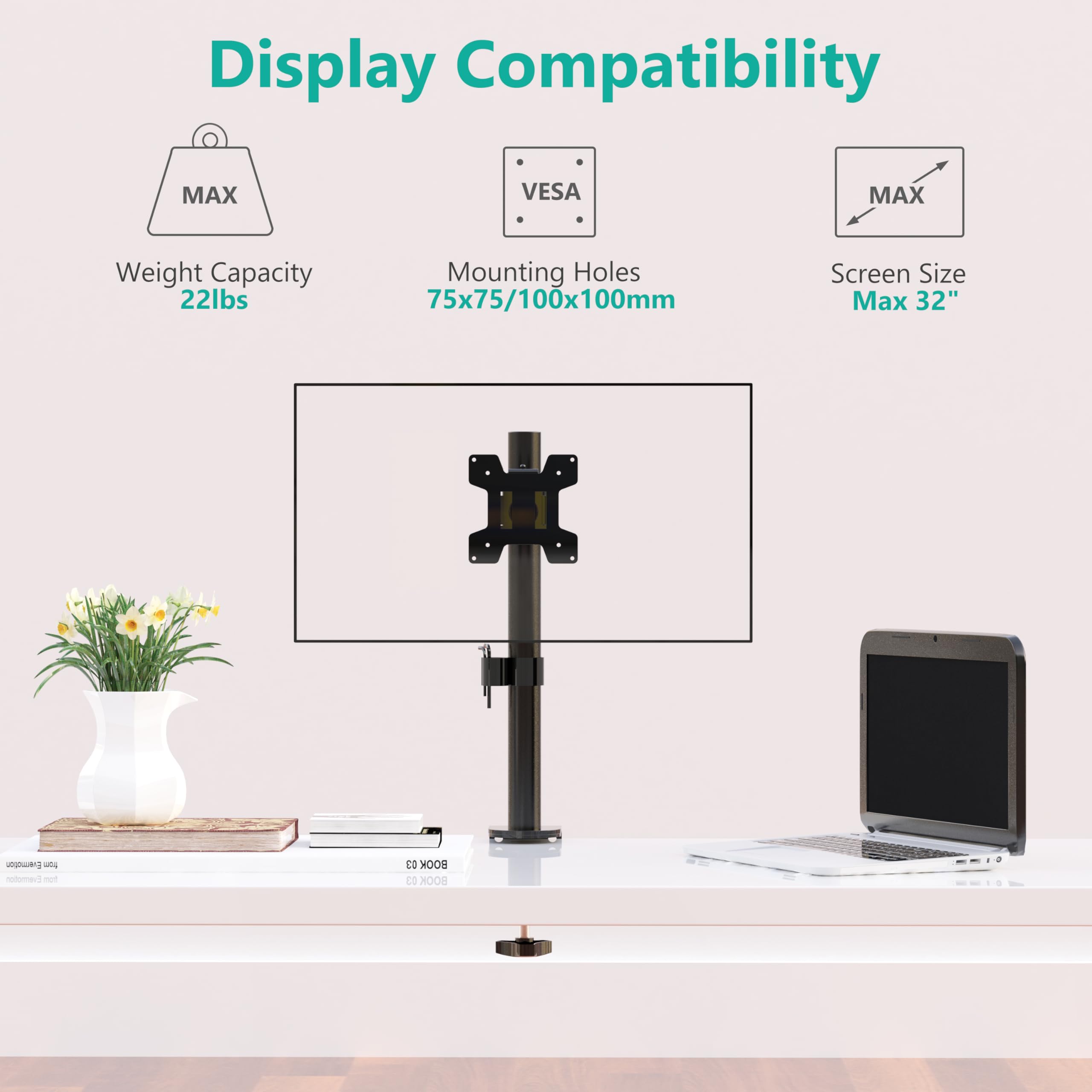 WALI Single Monitor Mount, Single Desk Monitor Stand, Single Monitor Arm Holds Screen Up to 32inch, 22lbs, Fully Adjustable Mount Designed for Home Office Application(M001S), Black