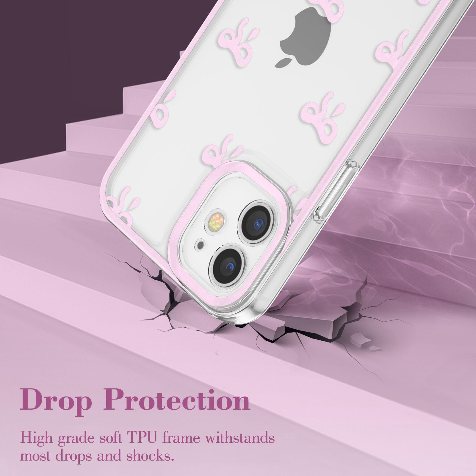 Eyzutak Case For Iphone 12, Clear Cute Ribbon Bowknot Pattern Aesthetic Transparent Phone Case Raised Camera Protection Stylish