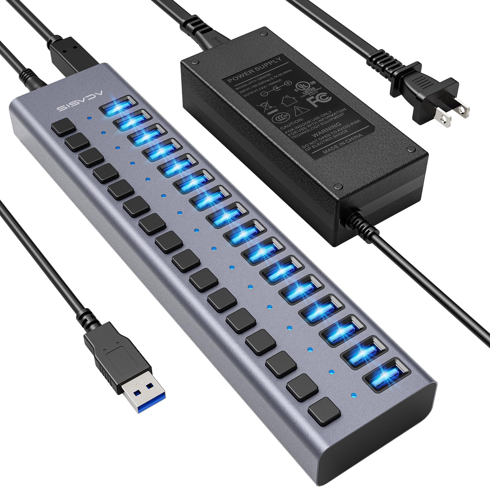 90W Powered Usb Hub   Acasis 16 Ports Usb 3.0 Data Port, Aluminum Housing, Individual On/Off Switches, 12V/7.5A Power Adapter, Usb Splitter For Laptop, Pc, Computer, Printer