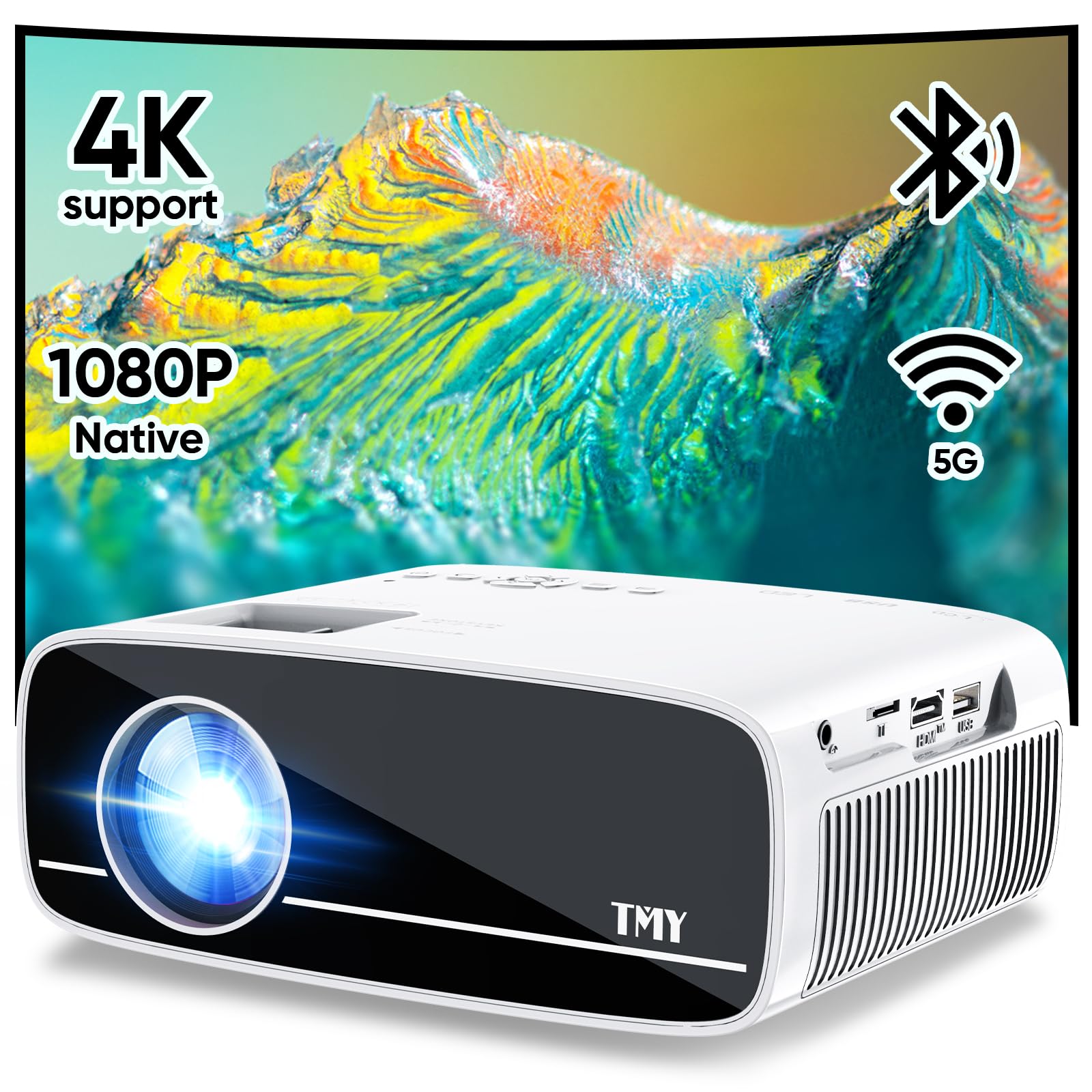 Tmy Native 1080P Projector With 5G Wifi And Bluetooth 5.1, 4K Supported Mini Projector, Portable Projector Compatible With Tv St