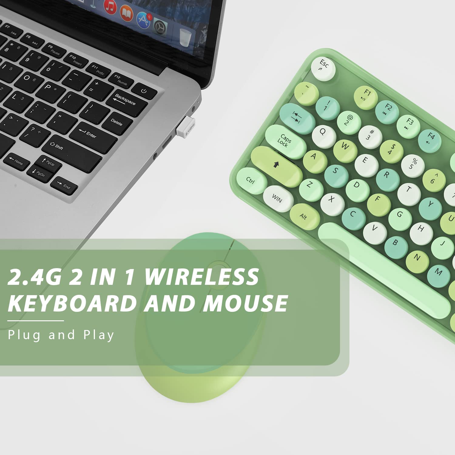 Green Wireless Keyboard And Mouse, Kootop Cute Green Colorful Keyboard And Mouse, 2.4G Wireless Keyboard With Retro Round Keycap