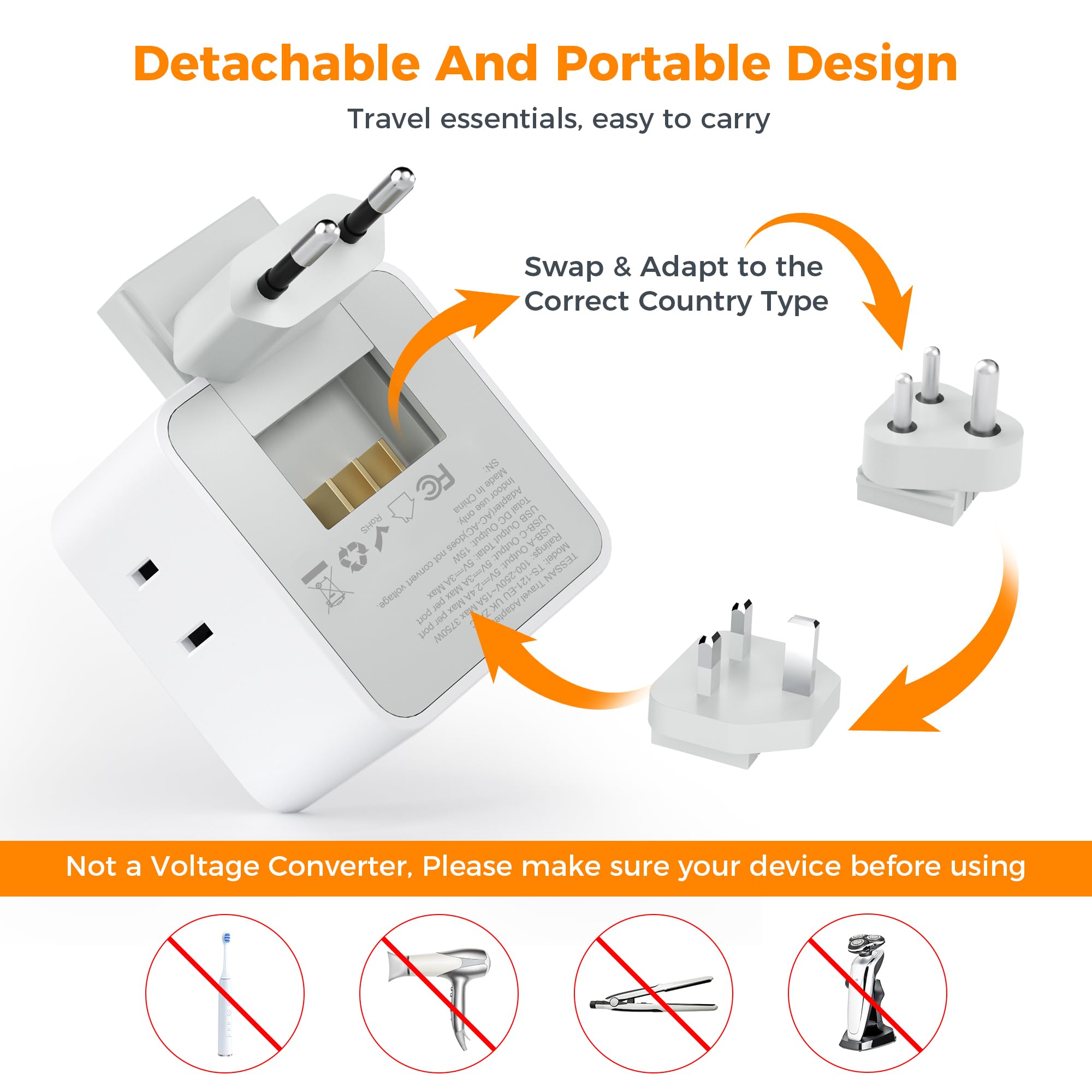 Tessan All European Uk Travel Plug Adapter Kit, International Detachable Converter With 3 Outlet 3 Usb(1 Usb C), Type C/G/E/F/M