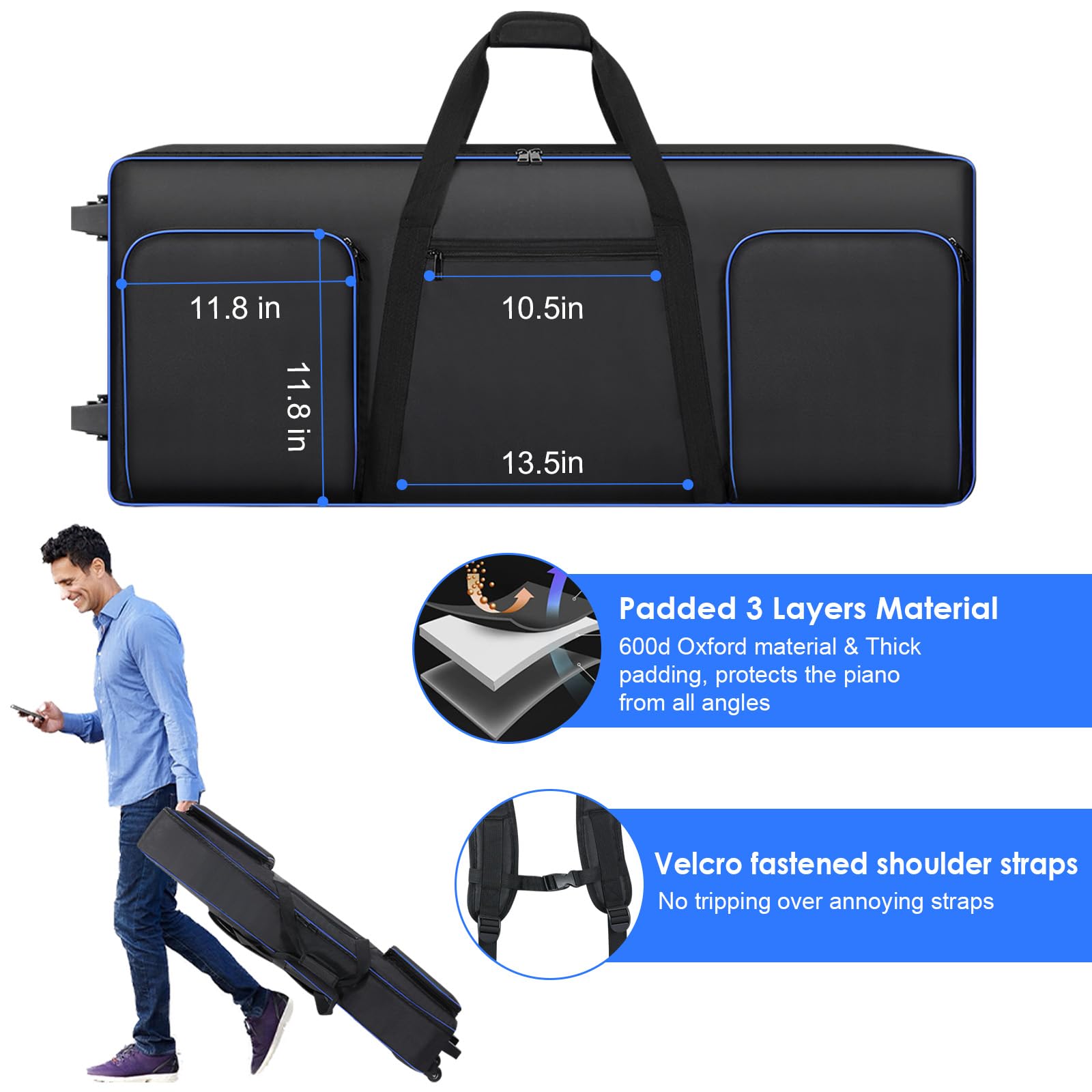 Tingroun 61 Key Keyboard Case With Wheels?Portable Padded Keyboard Bag Soft ?Rolling Piano Bag With Handles And Adjustable Shoul