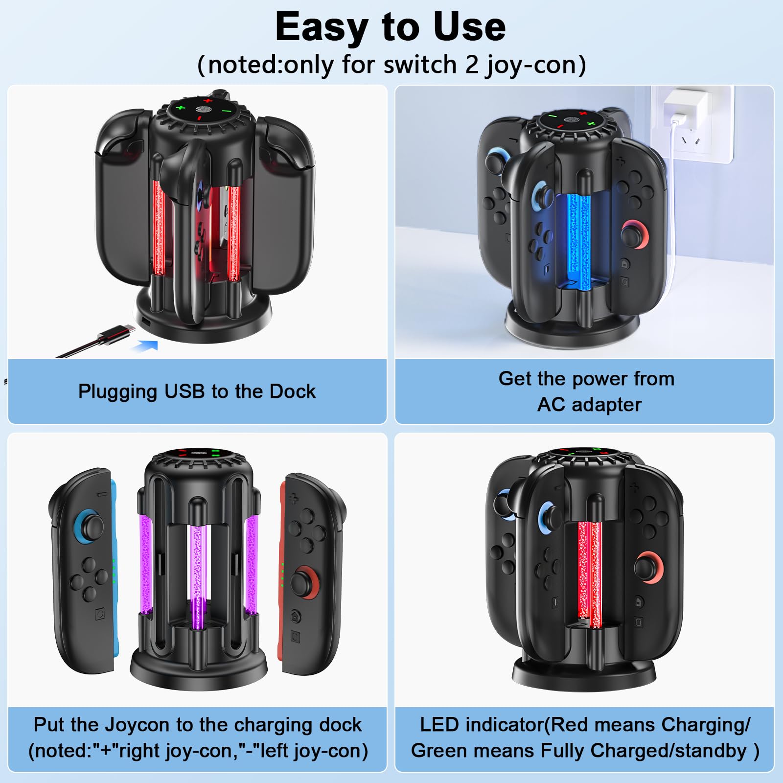 Charging-Dock-For-Nintendo-Switch-2-Joycon(2025), Switch 2 Charger Station With 10 Led Light, Joycon Charger With Magnetic, Fast