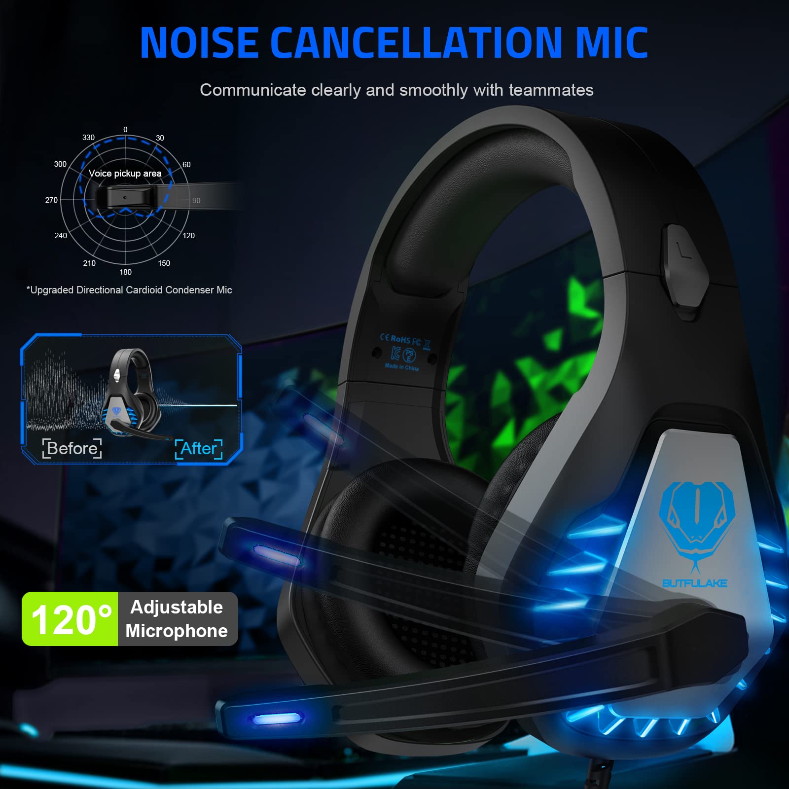 Pacrate Gaming Headset With Microphone For Switch Pc Ps4 Ps5 Xbox One Noise Cancelling Gaming Headphones With Led Lights For Kid