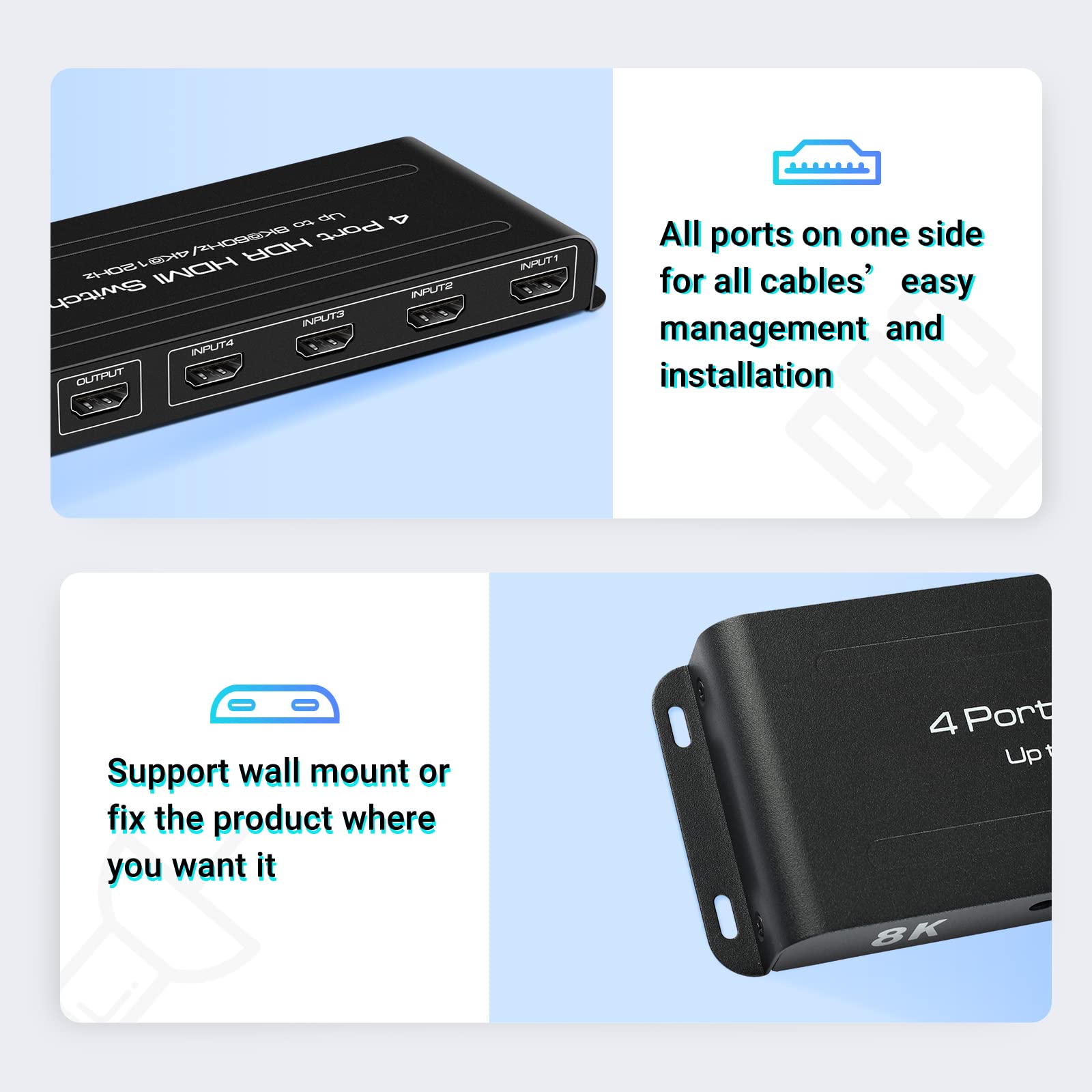 8K Hdmi 2.1 Switch 4 In 1 Out, Ferrisa 4K@120Hz Hdmi Switcher Selector 4 Port With Ir Remote Support 8K@60Hz, Auto Switch, Hdcp 2.3, Hdr 10+, Vrr, Cec For Xbox, Ps5, Fire Stick, Projector