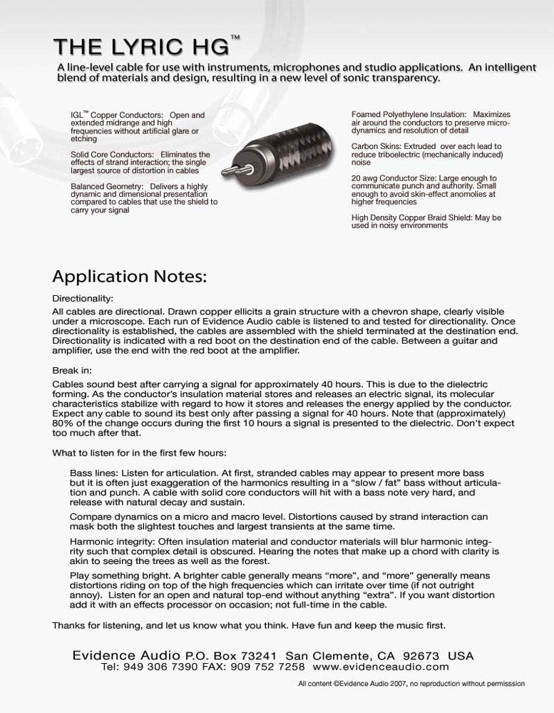 Evidence Audio Lyhgrs10 Lyric Instrument Cable, 10 Foot