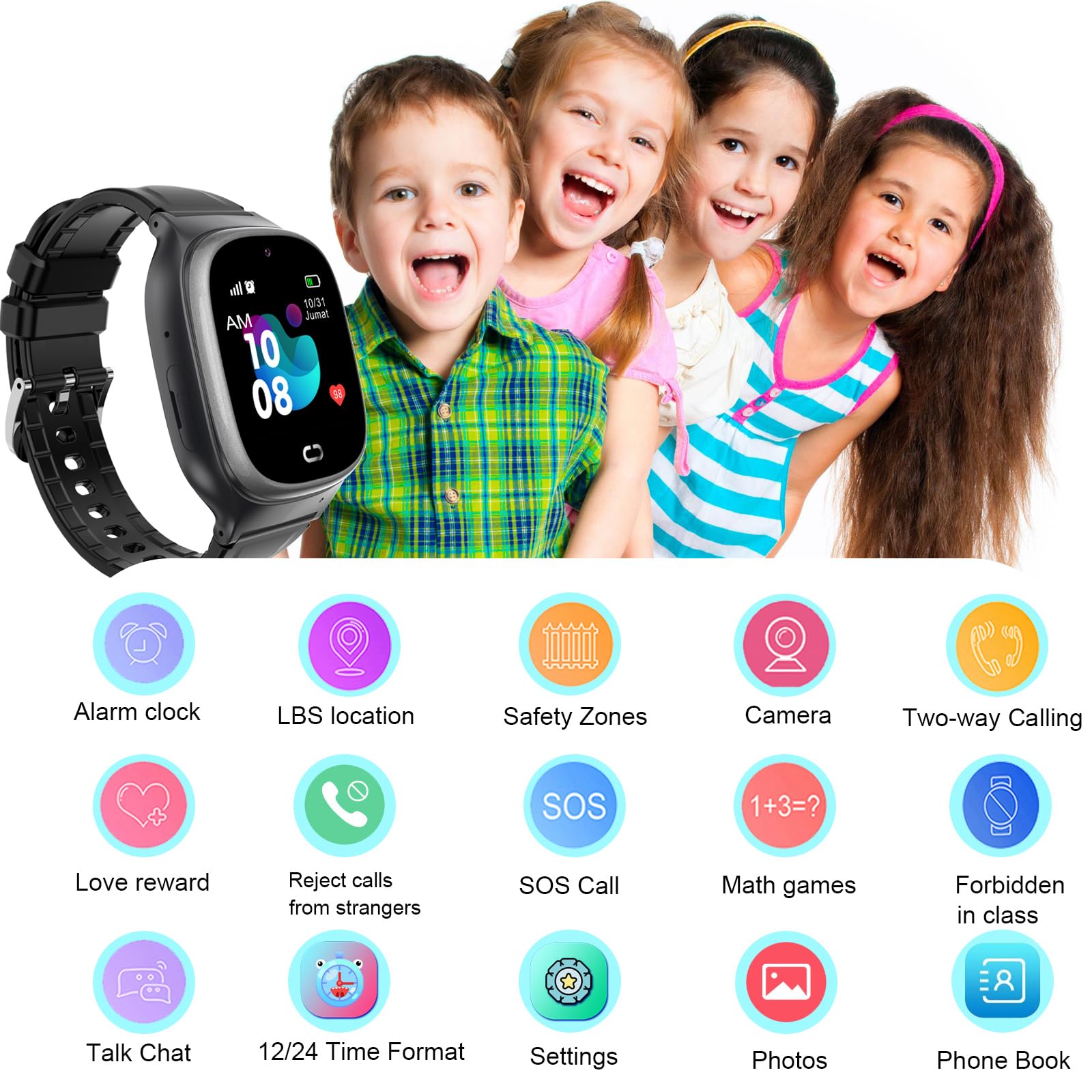 Tykjszgs Waterproof Kids Smart Watch Lbs Tracker - Boys Girls For 3-12 Year Old With Sos Camera Alarm Call Camera 12 Time Format
