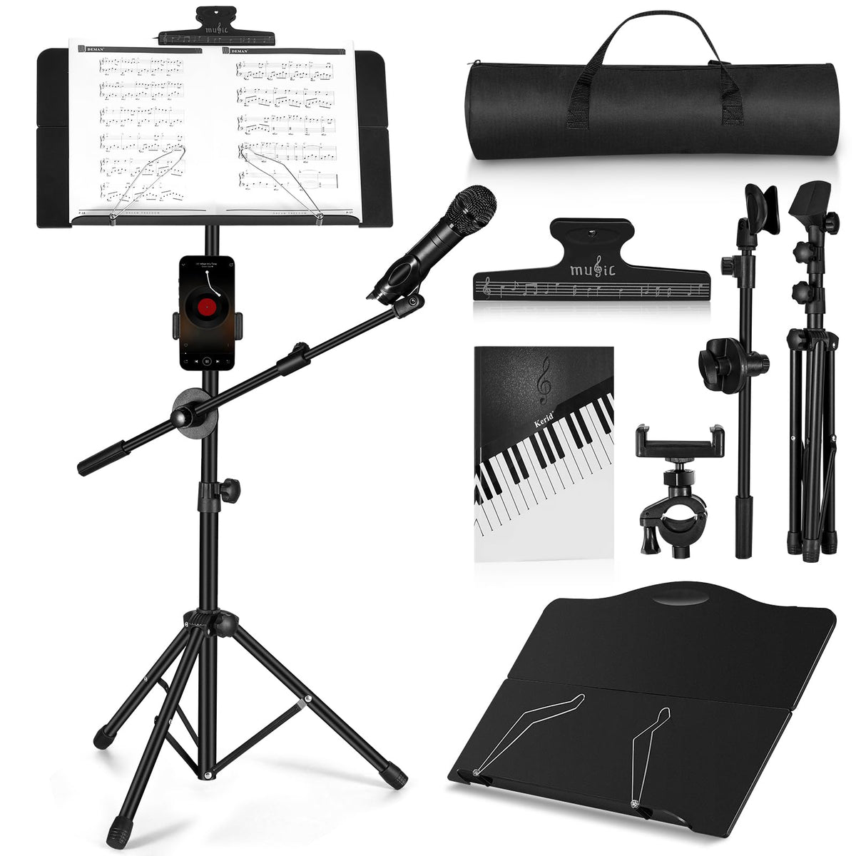 Music Stand, Vangoa Folding Sheet Music Stand With Detachable Microphone Stand & Phone Holder, Portable Lightweight With Music S