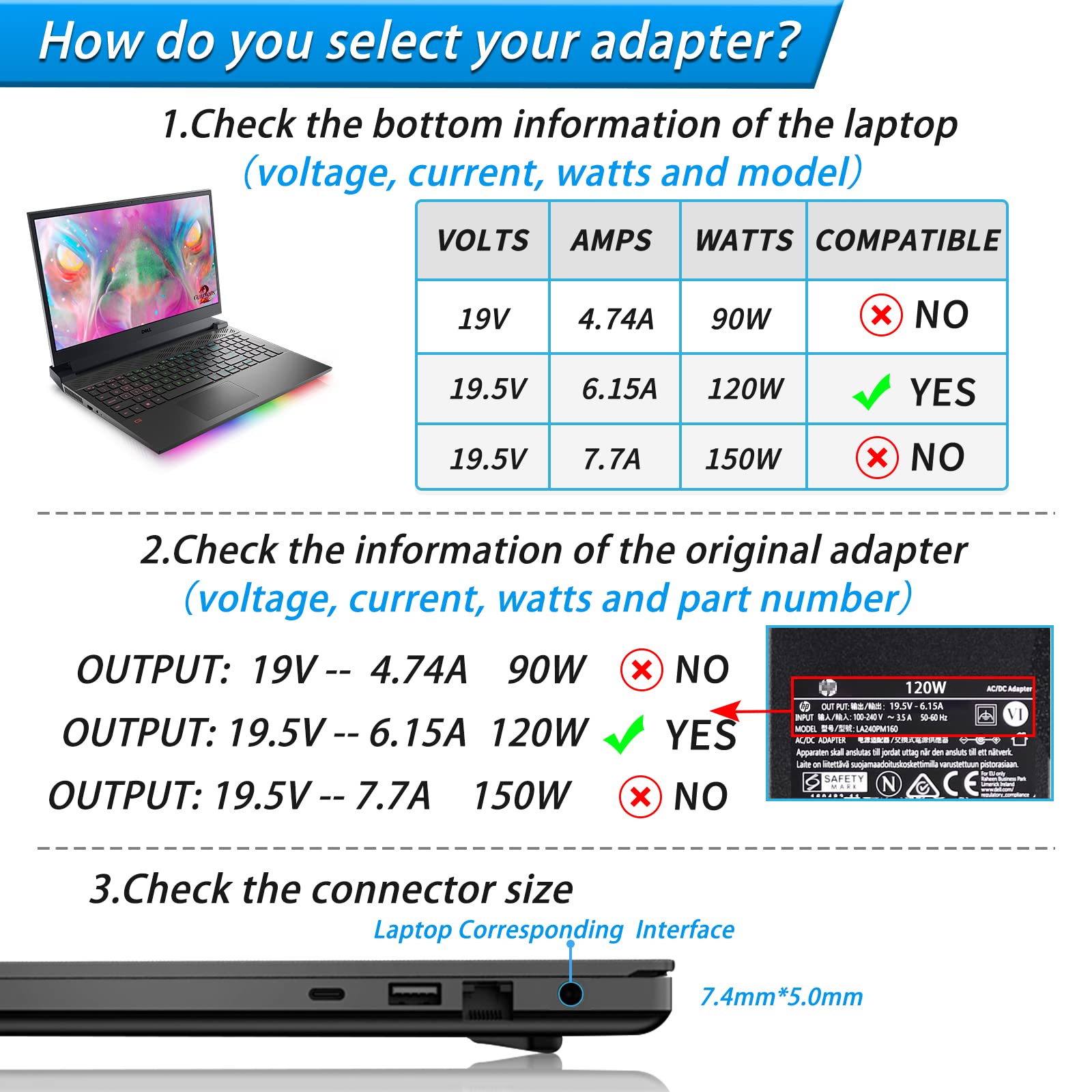 Vhbw For Hp 120W Power Adapter, Hp Laptop Charger Fits For Hp Envy Dv4 5300 Dv6 7300 Dv7 7000 7300 Elitebook 8460W 8560W Thunder