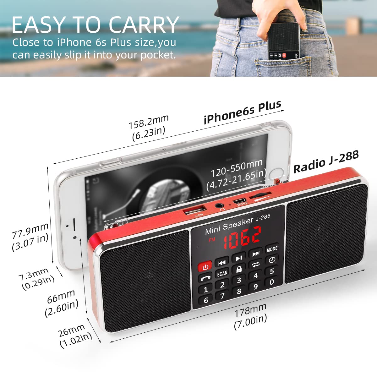 Prunus J 288 Portable Radio Am Fm Radio With Bluetooth Speaker, Sleep Timer, Power Saving Display, Ultra Long Antenna, Aux Input & Usb Disk & Tf Card Mp3 Player, No Manual Preset