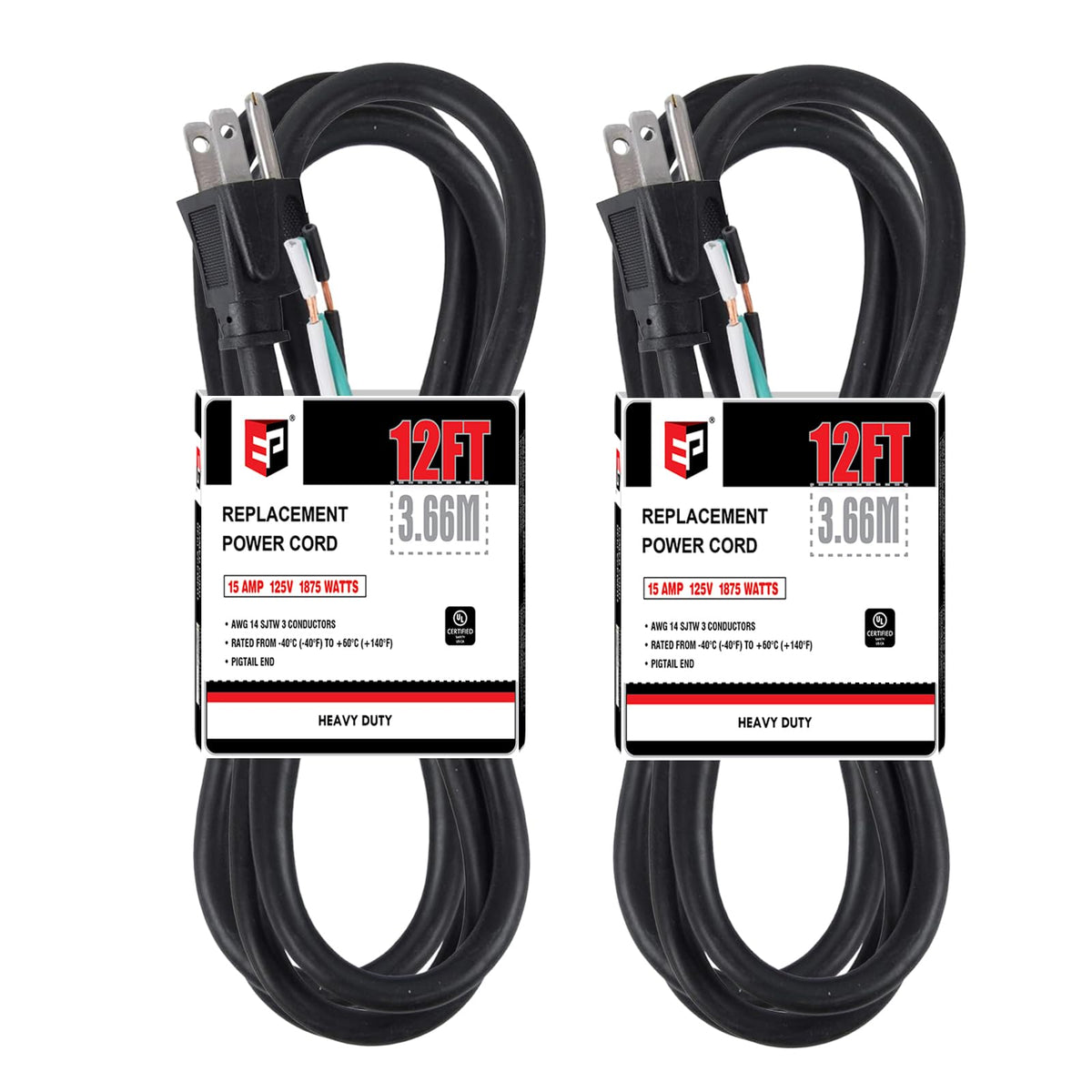 Ep 2 Pack 12 Ft 14/3C Sjtw Appliance And Power Tool Cord, 14 Gauge 3 Prong Heavy Duty Replacement Power Supply Cord Cable, 110V