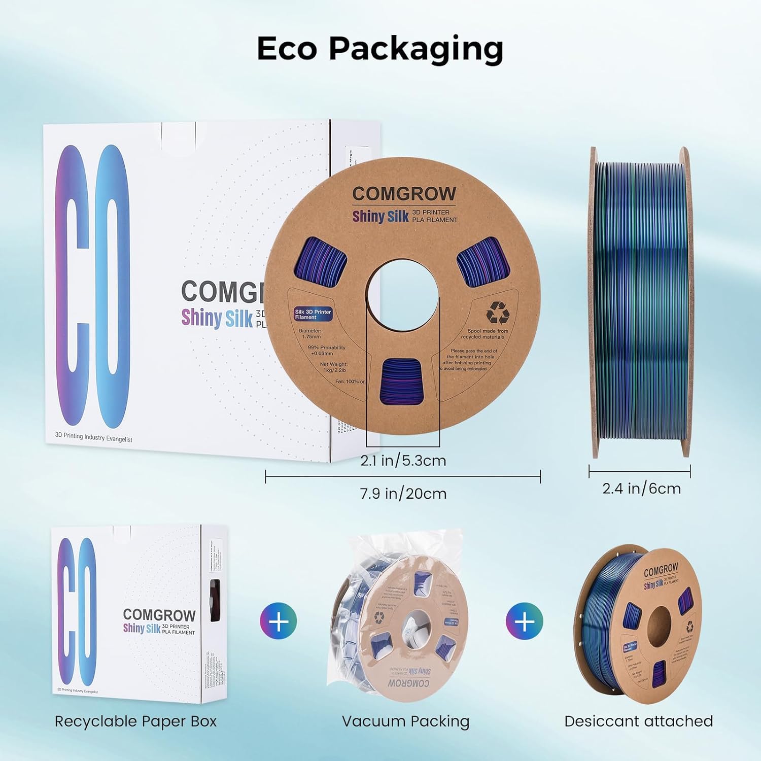 Comgrow Tri Colors Silk Pla 3D Printer Filament, Rainbow Pla Filament 1.75Mm, Dimensional Accuracy +/  0.02 Mm, 1Kg Spool, Coext