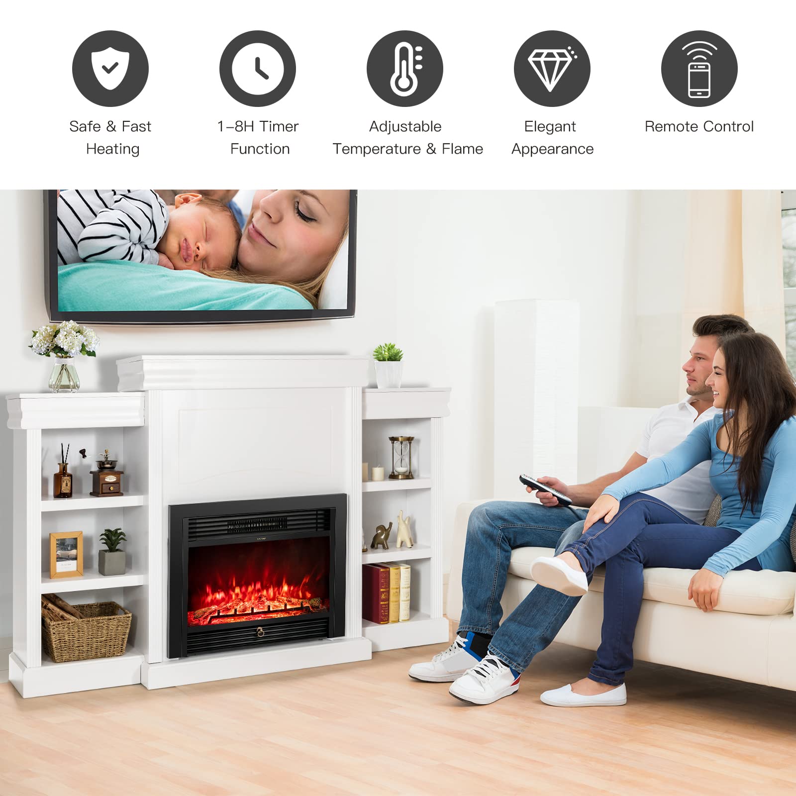 Tangkula 70 Inches Mantel Fireplace, 750W/1500W Electric Fireplace W/Mantel & Built In Bookshelves, 28.5 Inch Electric Fireplace