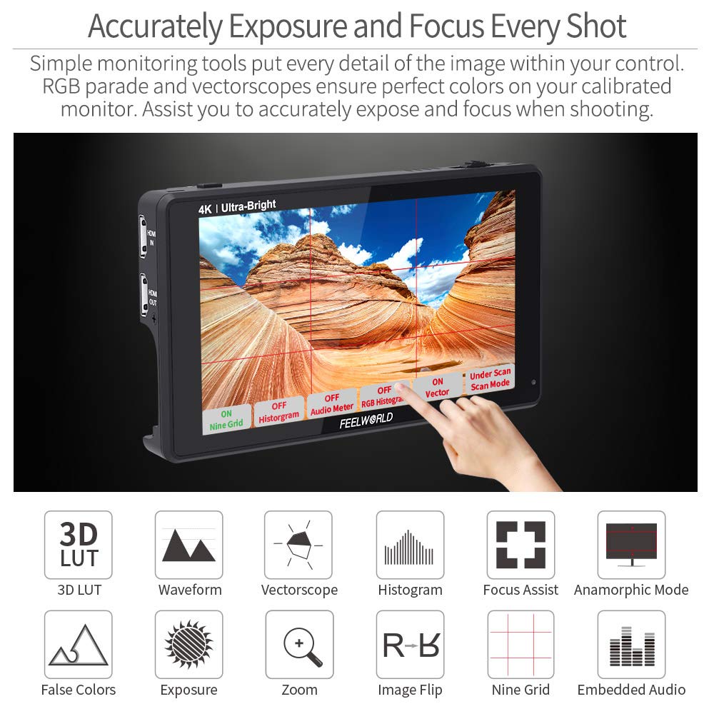 Feelworld Lut6 6 Inch 2600Nits Hdr 3D Lut Touch Screen Dslr Camera Field Monitor With Waveform Vectorscope Histogram 4K Hdmi Inp