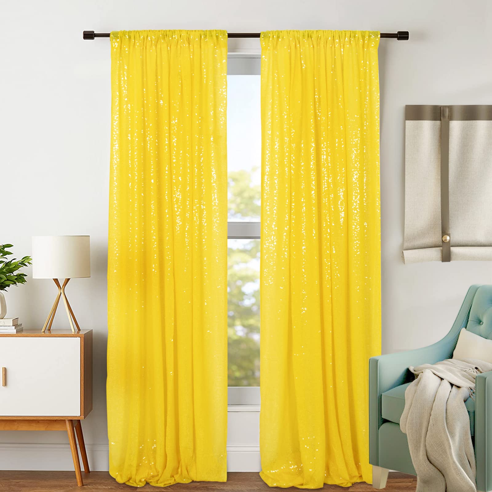 Duobao 2Ftx8Ft Sequin Curtains 2 Panels Yellow Sequin Photography Backdrop For Prom Party Payette Sequin Curtain 8Ft Sequin Show
