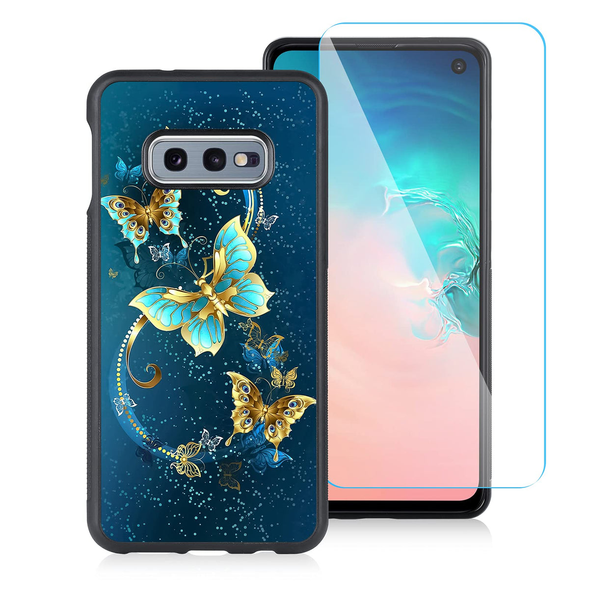 Ook Compatible With Samsung Galaxy S10E 5.8 Inch Case, [Built In Screen Protector],Cute Blue Butterfly Design Hard Pc Back Anti 