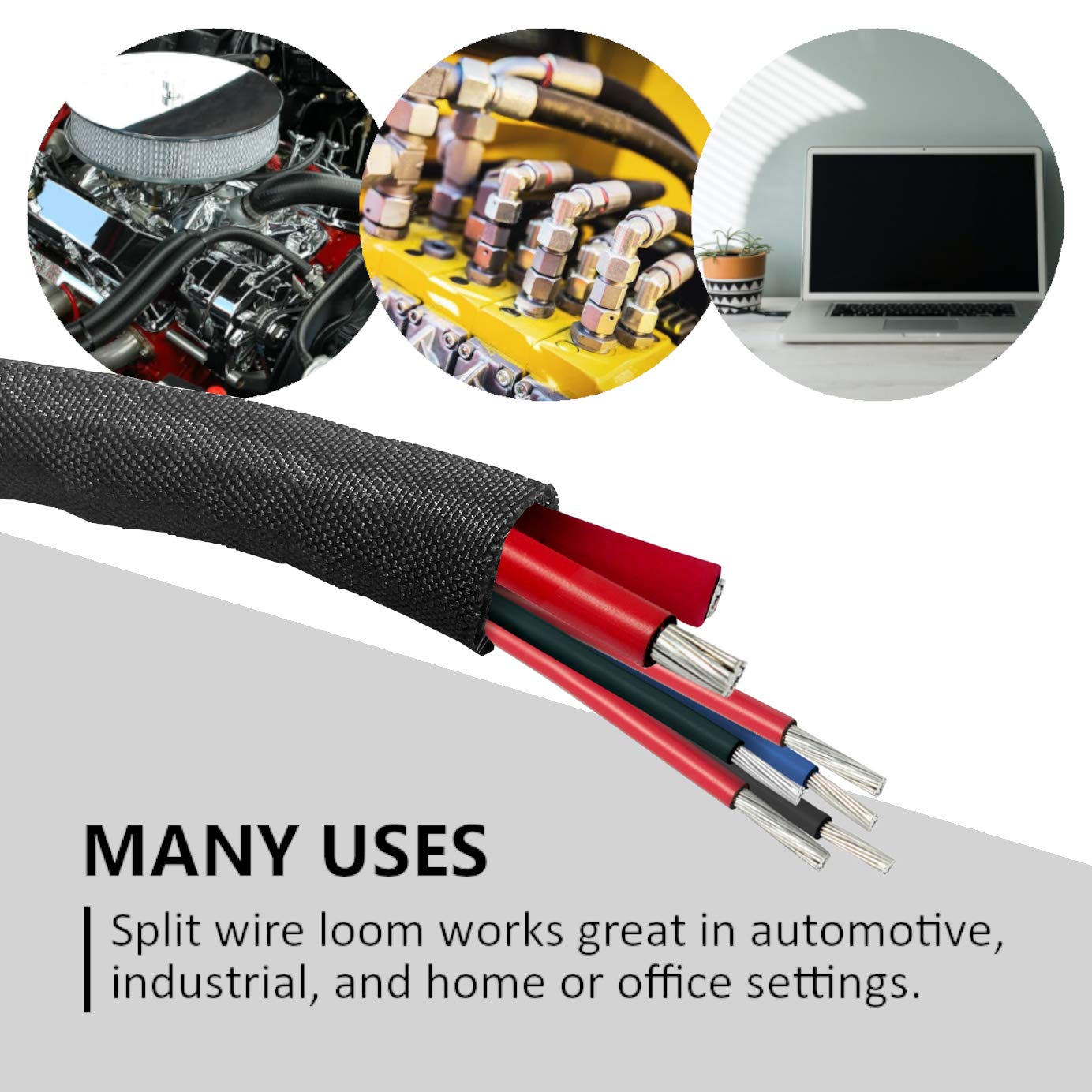 Mgi Speedware Woven Mesh Split Sleeve Wire Loom For High Temperature Automotive Harness And Home Cable Management   25 Feet (3/4