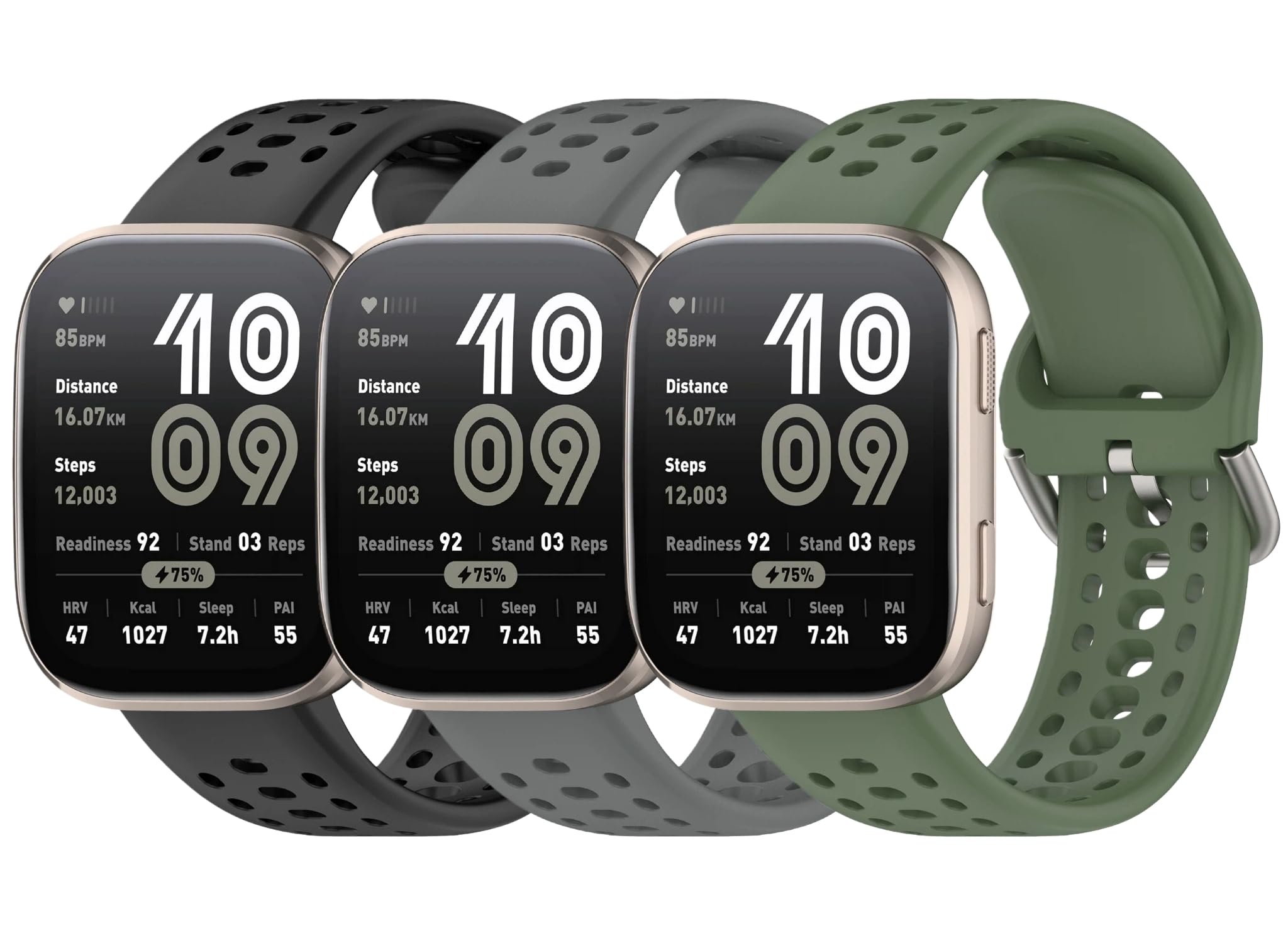 UPZOBU 3 Pack Silicone Bands for Amazfit Bip 6 Watch Band, Quick Release Adjustable Soft Breathable Sport Strap (Black/Space Gre