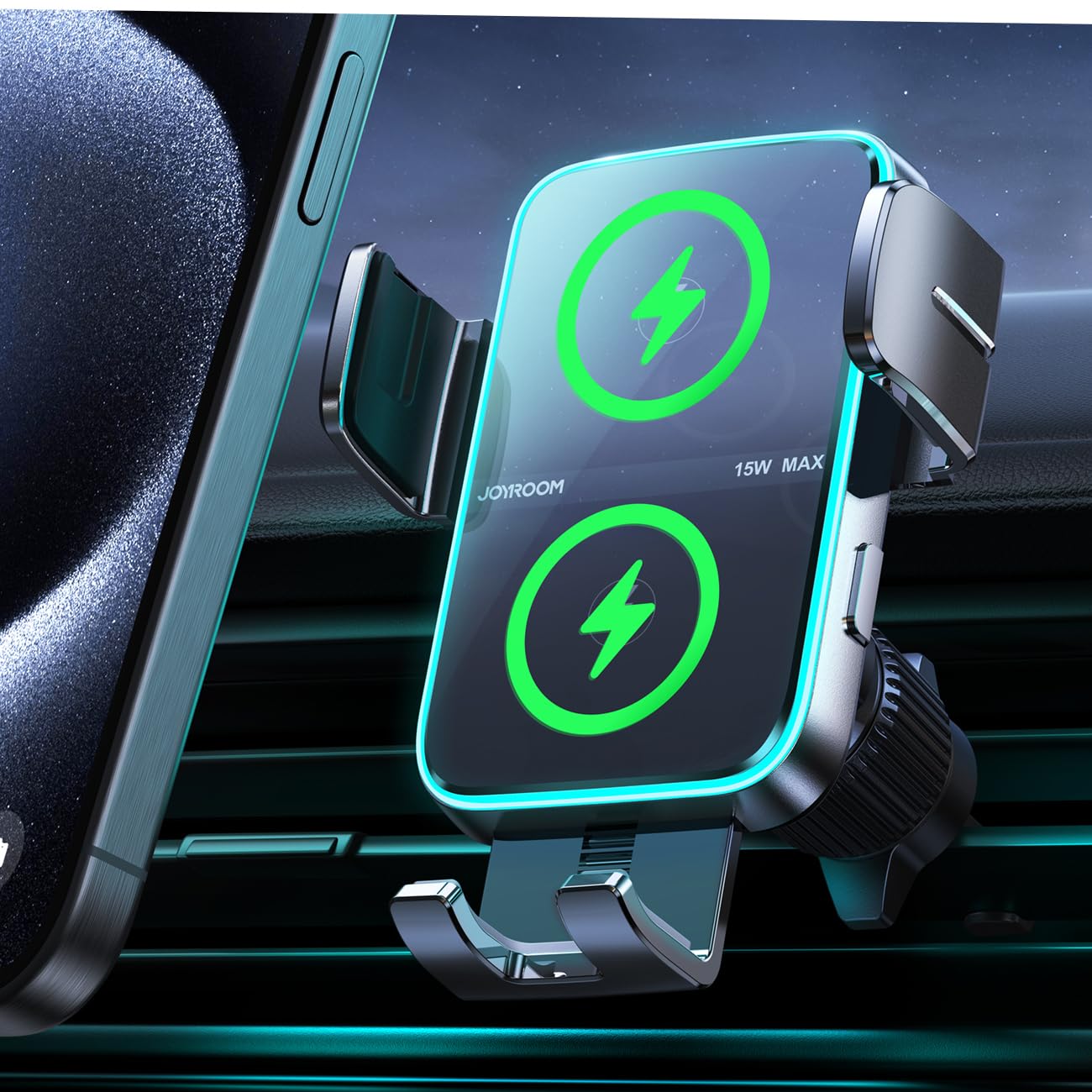 Wireless Car Charger Phone Mount: Dual Coil Joyroom Led Qi 15W Cell Phone Fast Charging Vent Holder With Auto Smart Sensor Clamp