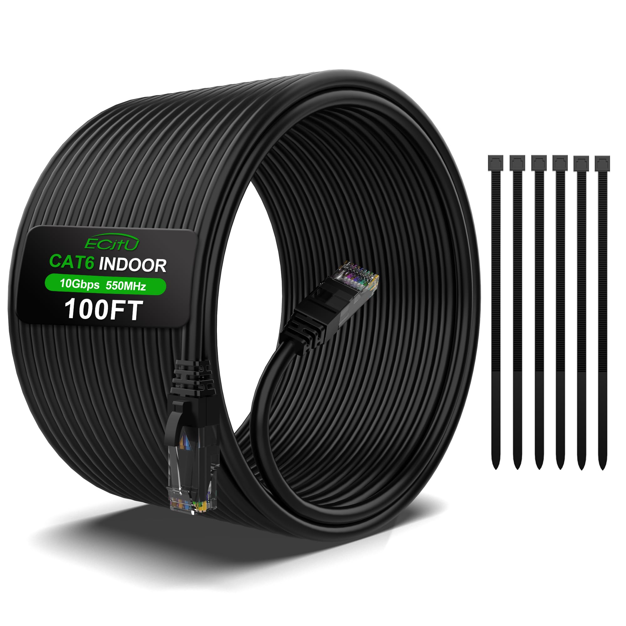 100Ft Cat6 Ethernet Cable, Cat 6 Patch Cable, Cat6 Internet Cable, Utp Network Cable, Indoor And Outdoor, Poe, 24Awg Cca, Compatible For Pc, Laptop, Router, Switch, Server, With 25 Cable Ties   Black