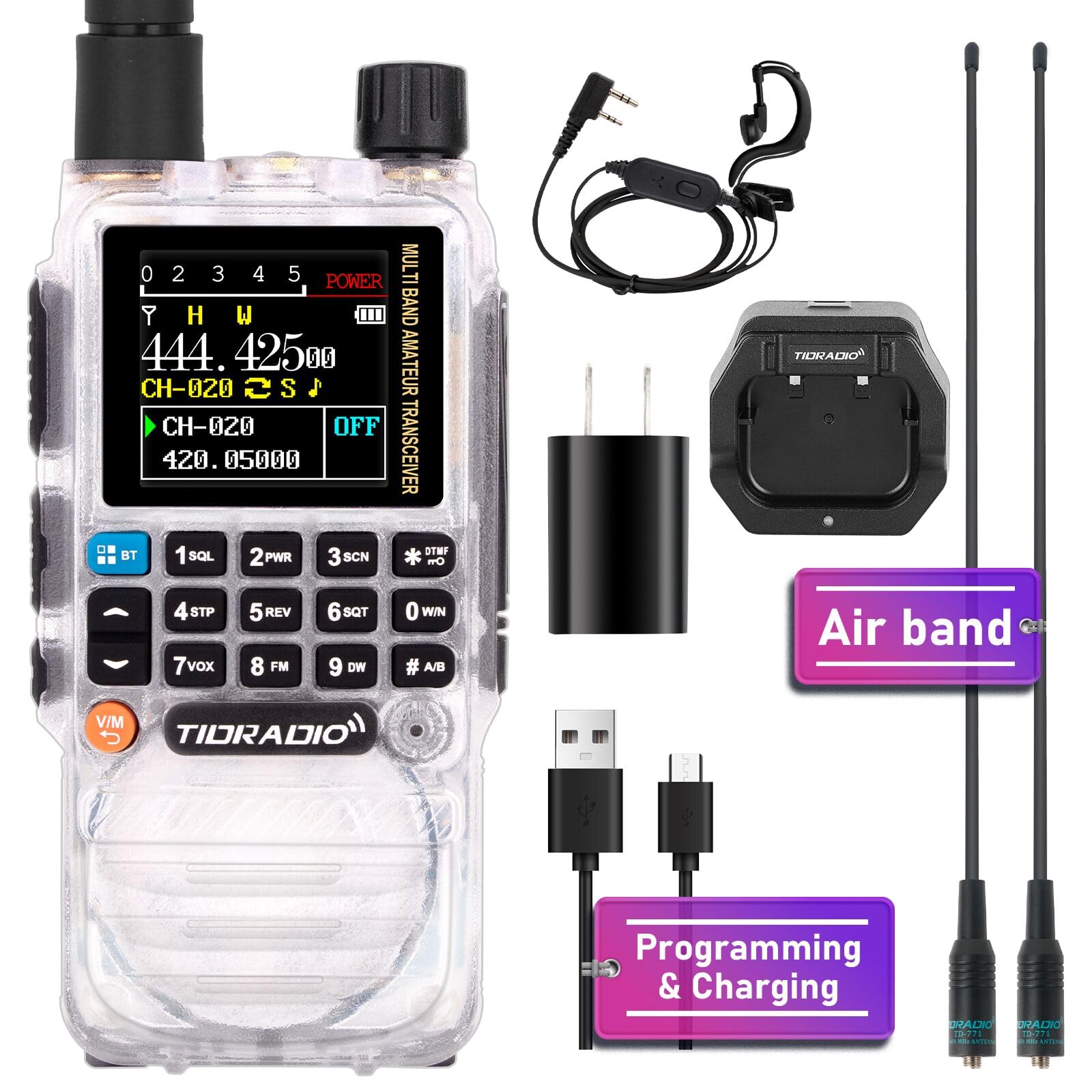 Tidradio Td H3 Ham Radio (Crystal) Multi Band Long Range 2 Way Radio,Usb C Programming & Charging,2500Mah Battery,Dtmf Fm Am Noa