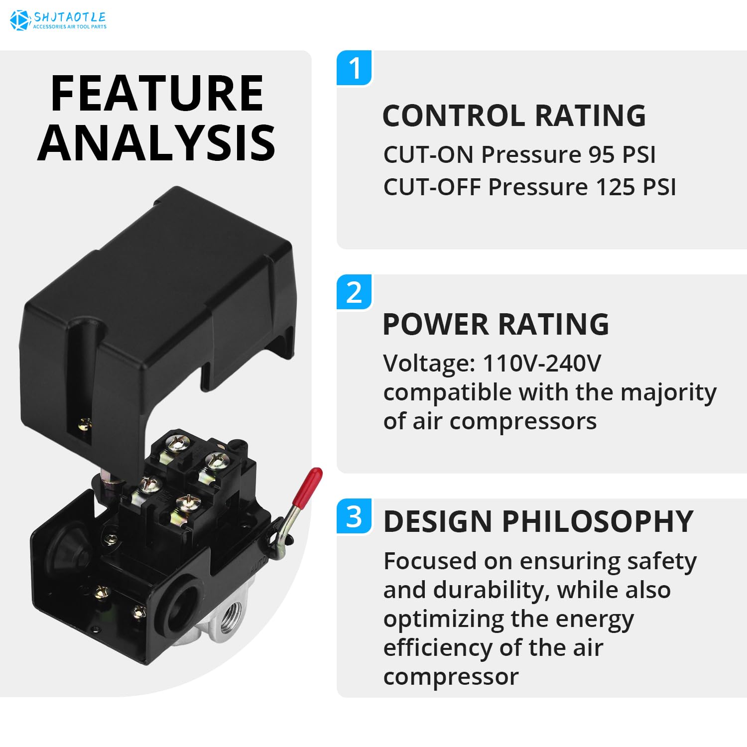 Universal Air Compressor Pressure Switch Control Valve (90 120 Psi, 110V 240V) With 0 180 Psi Regulator And Safety Pressure Reli