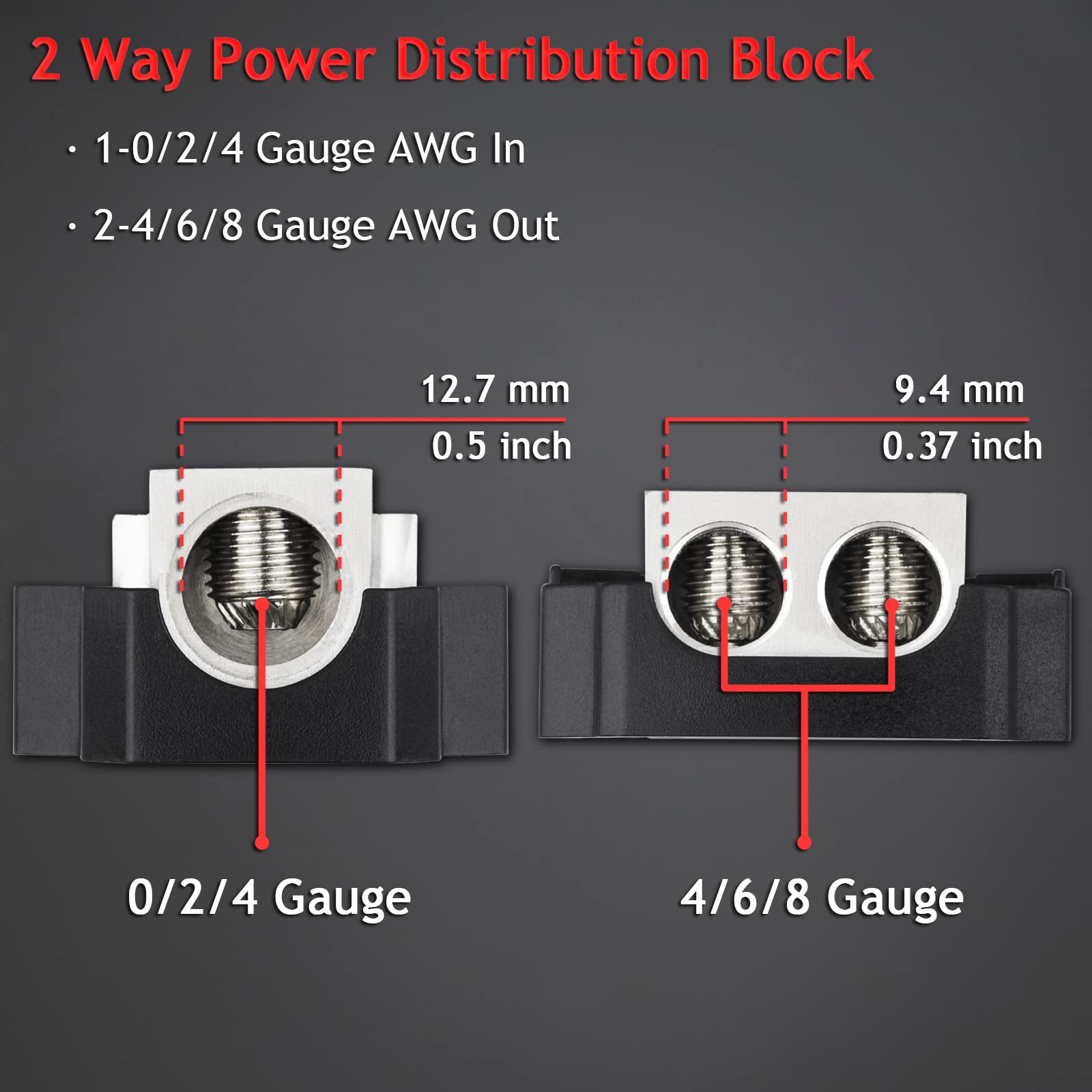 Hamolar 4 Pack 2 Way Power Distribution Block, 0/2/4 Gauge In / 4/8 Gauge Out Amp Power Distribution Ground Distributor Connecti