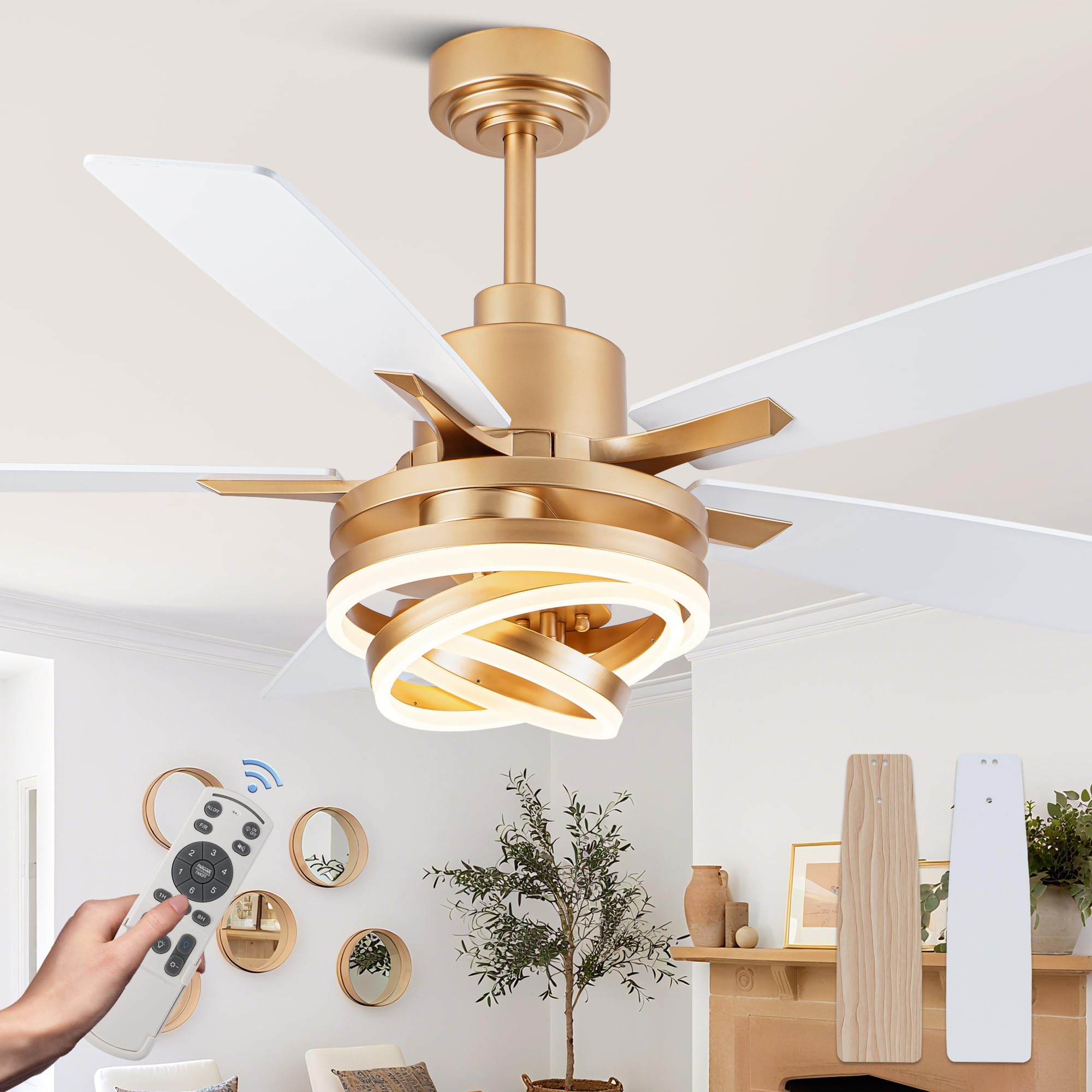 Dawn Whisper 52 White Ceiling Fan with Light Modern Chandelier Fan DC Motor Dimmable LED Ceiling Fan with Light for Bedroom Livi