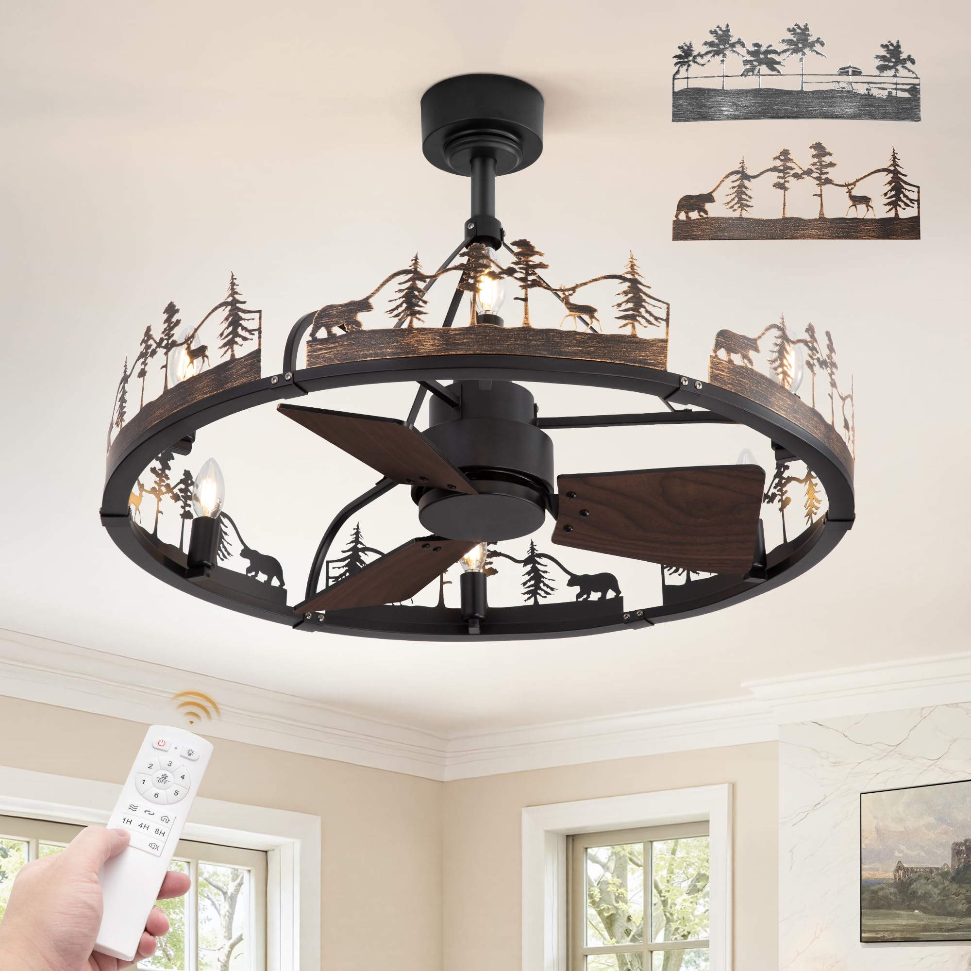 Fanbulous 30 Inch Farmhouse Rustic Ceiling Fan with Light and Remote, Black Chandelier Fan with Bear and Deer Design,Summer Sand
