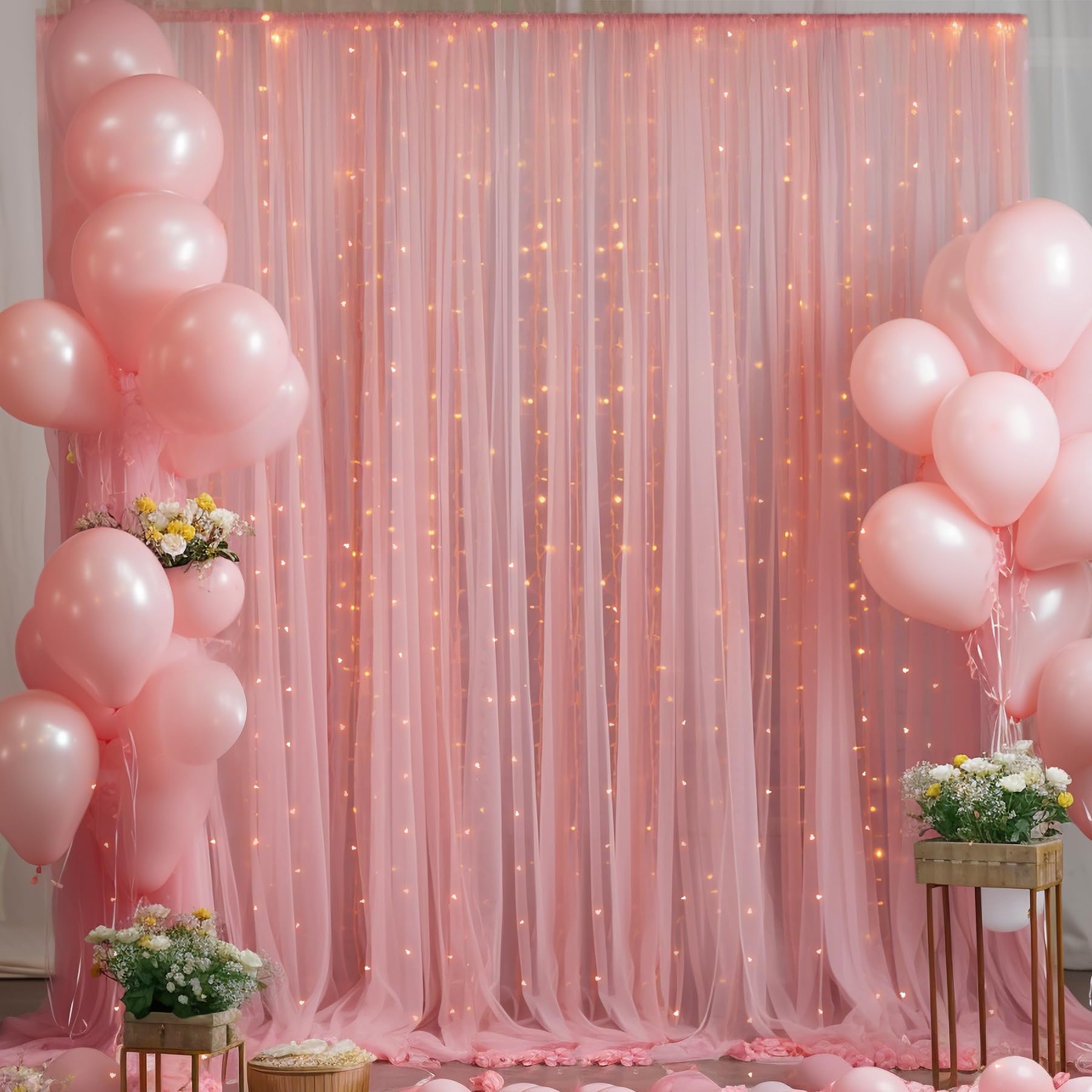 20X10Ft Dusty Rose Tulle Backdrop Curtain With Lights String For Parites, Sheer Backdrop Curtains For Wedding Baby Shower Birthd