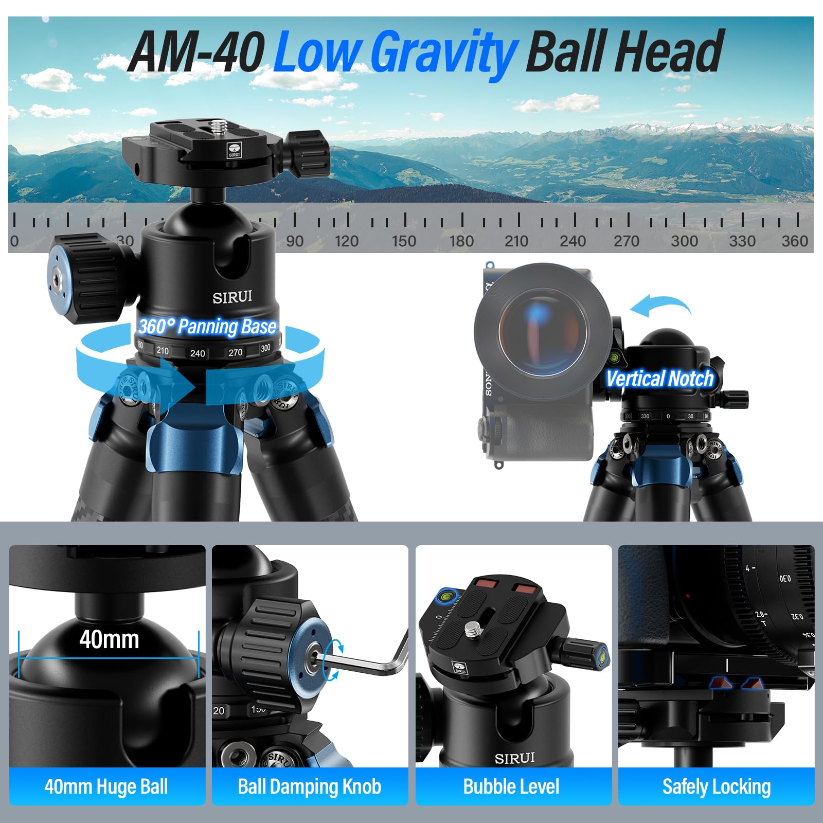 Sirui Am 324 Professional Camera Tripod With Am 40 Low Gravity Ball Head, 60.4� Carbon Fiber Heavy Duty Tripod For Mirrorless Camera, Dslr, 4 Sections, 32Mm Max Tube, Max Load 39.8Lb/18Kg