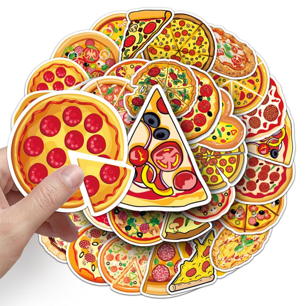 50Pcs Pizza Waterproof Vinyl Stickers Decals For Water Bottles Laptop Luggage Cup Mobile Phone Computer Skateboard Refrigerator