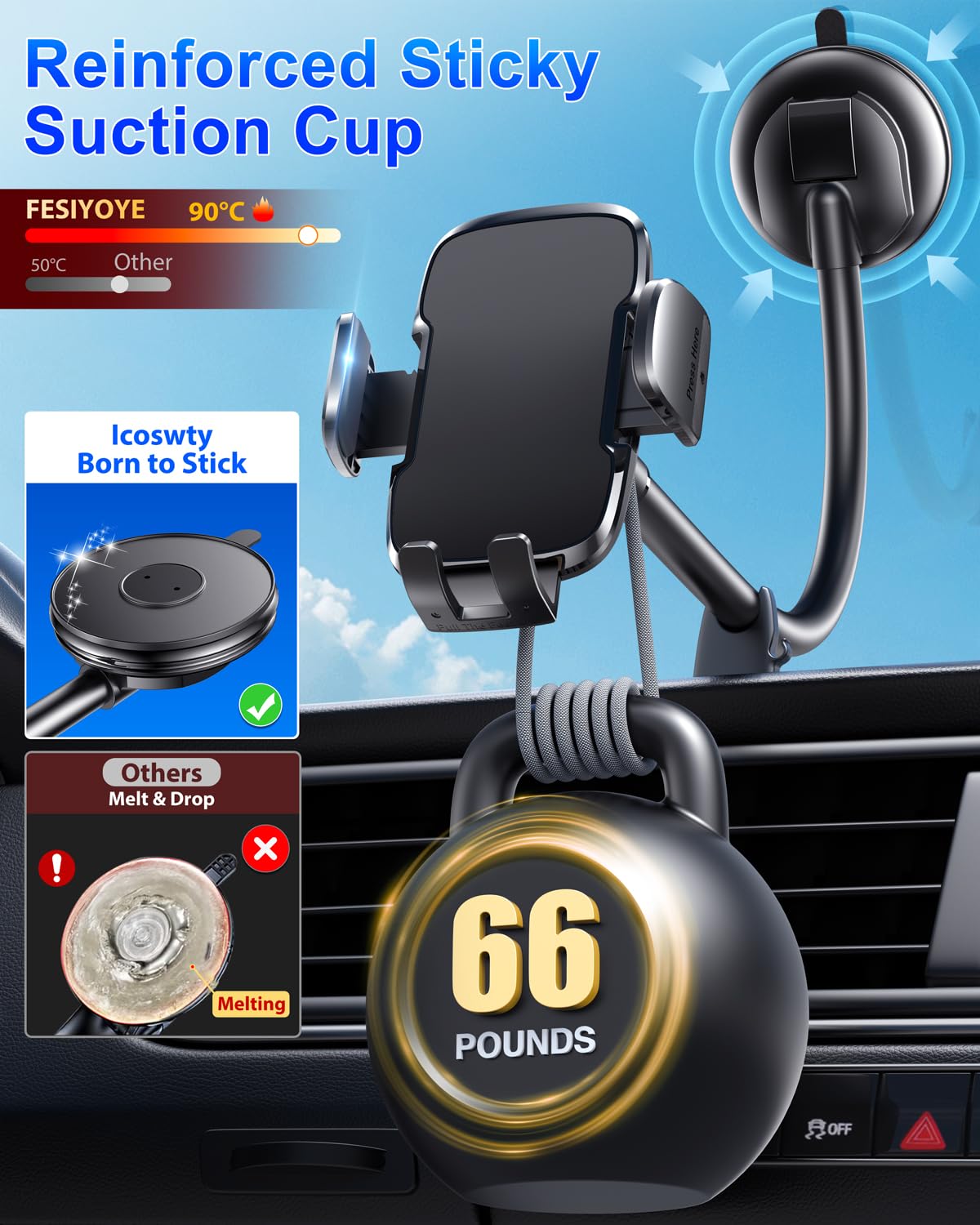 Fesiyoye Phone Mount For Car [6.2In Flexible Arm] Cell Phone Holder For Windshield Dashboard [Washable Strong Suction] Automotiv