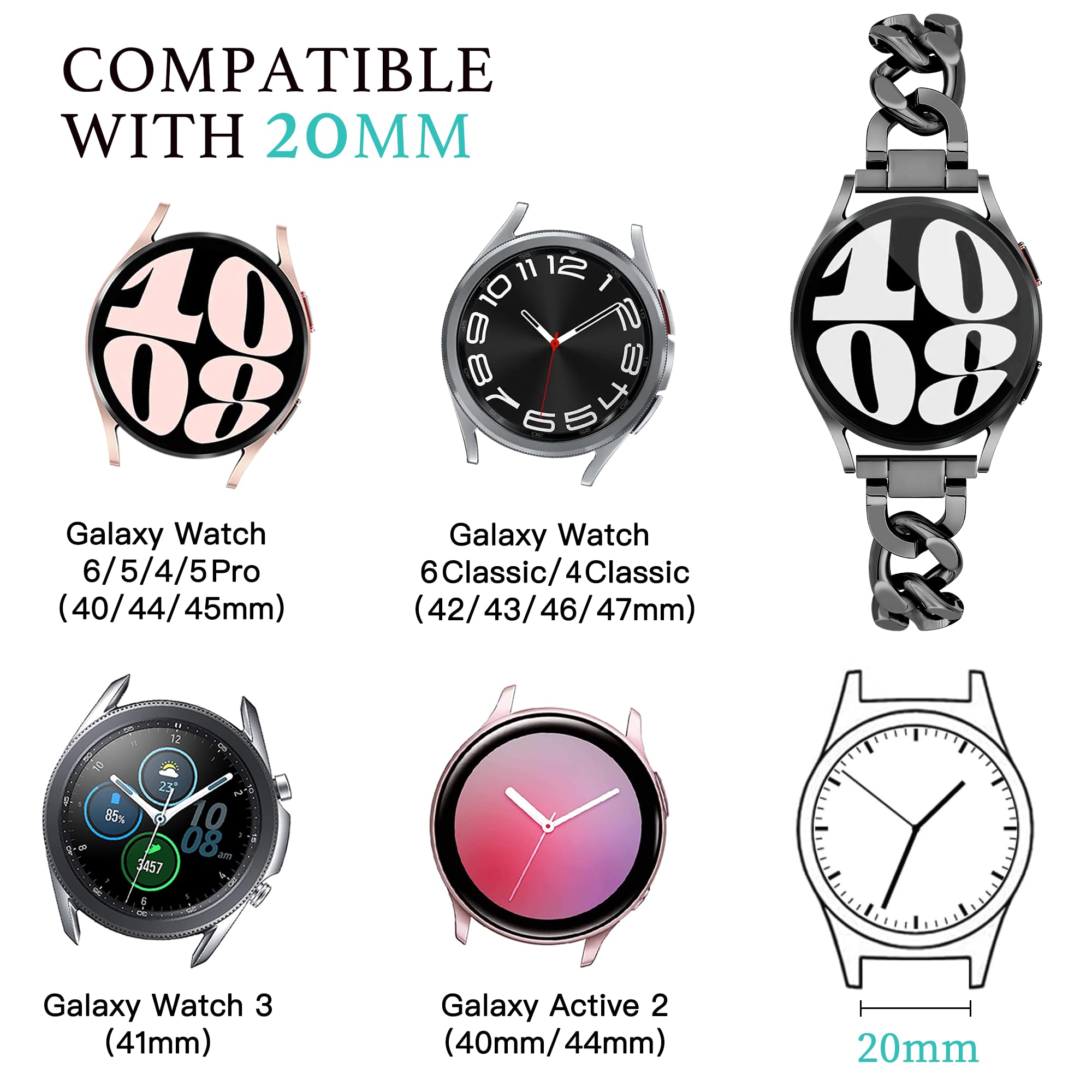 G Ficu Samsung Watch 6 5 4 Bands Cowboy Chain 20Mm Watch Band For Galaxy Watch 4 5 6 Band 40Mm 44Mm, Women Metal Band For Watch