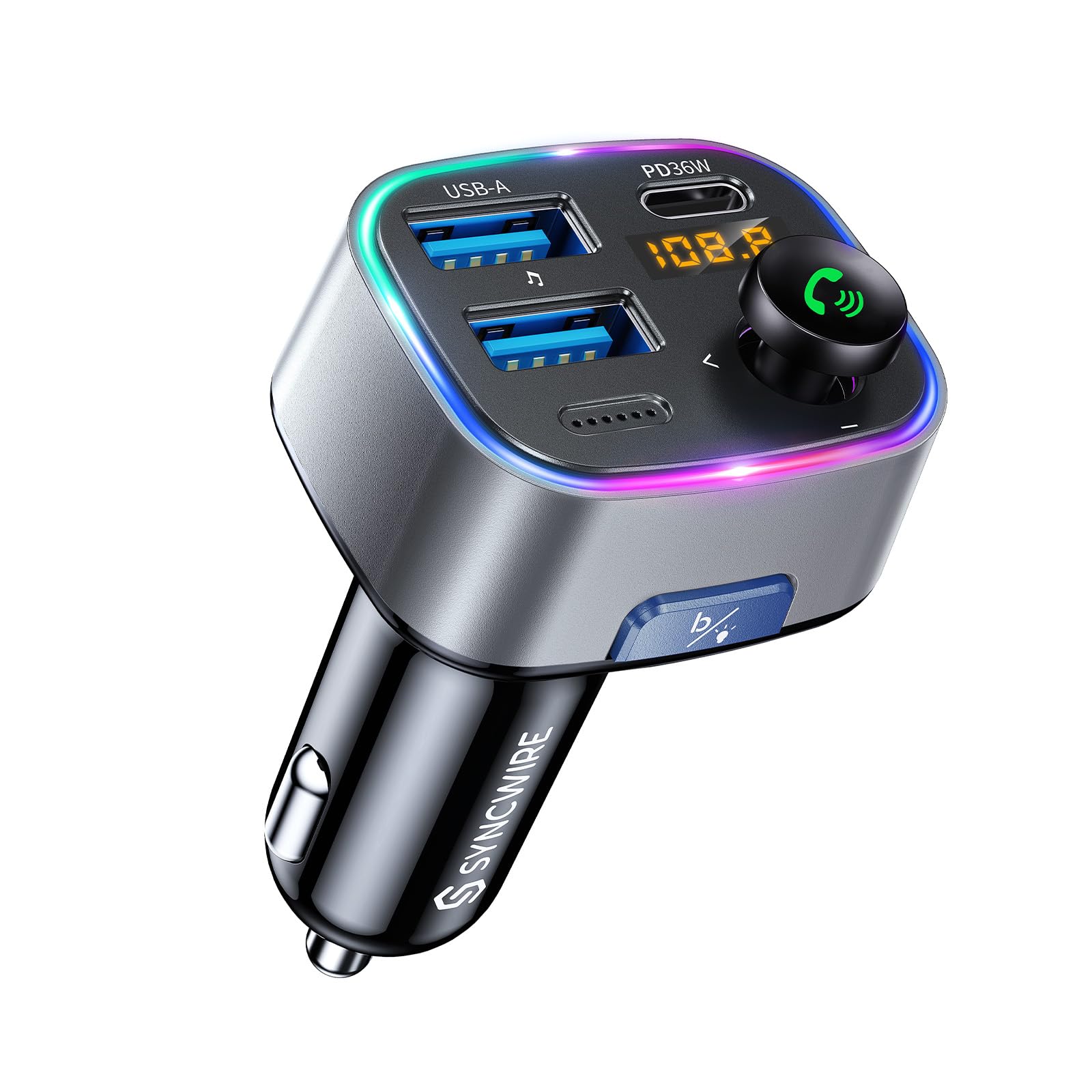 Syncwire Bluetooth 5.3 Fm Transmitter Car Adapter 48W (Pd 36W & 12W) [Light Switch] [Hi Fi Deep Bass] [Fast Charge] Wireless Rad