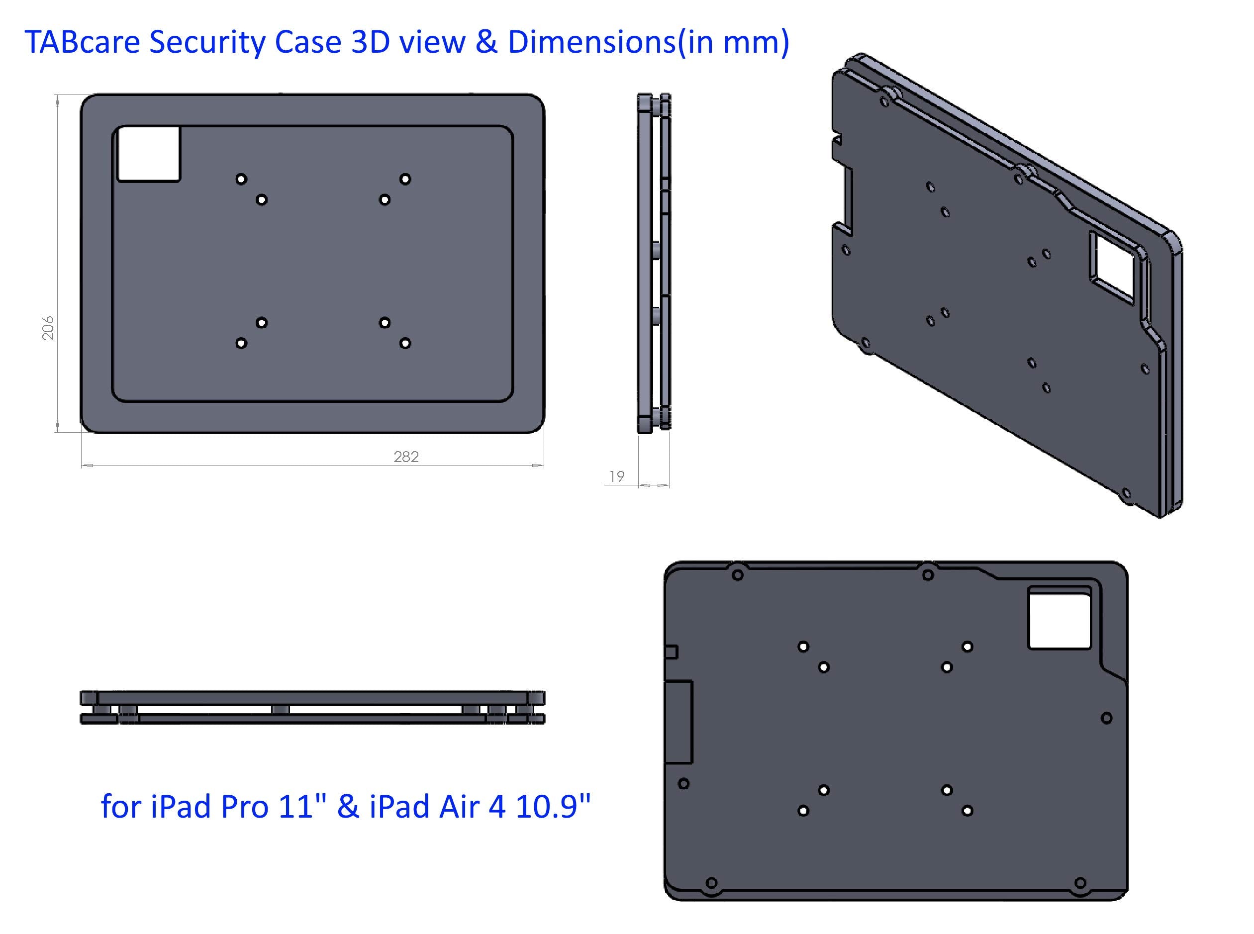 Tabcare Anti Theft Acrylic Vesa Enclosure For Apple Ipad Pro 11' 1St, 2Nd, 3Rd, 4Th Gen. With Free Wall Mount Kit & 90 Degree Angle Usb C Cable (Ipad Pro 11 1/2/3/4, Black)