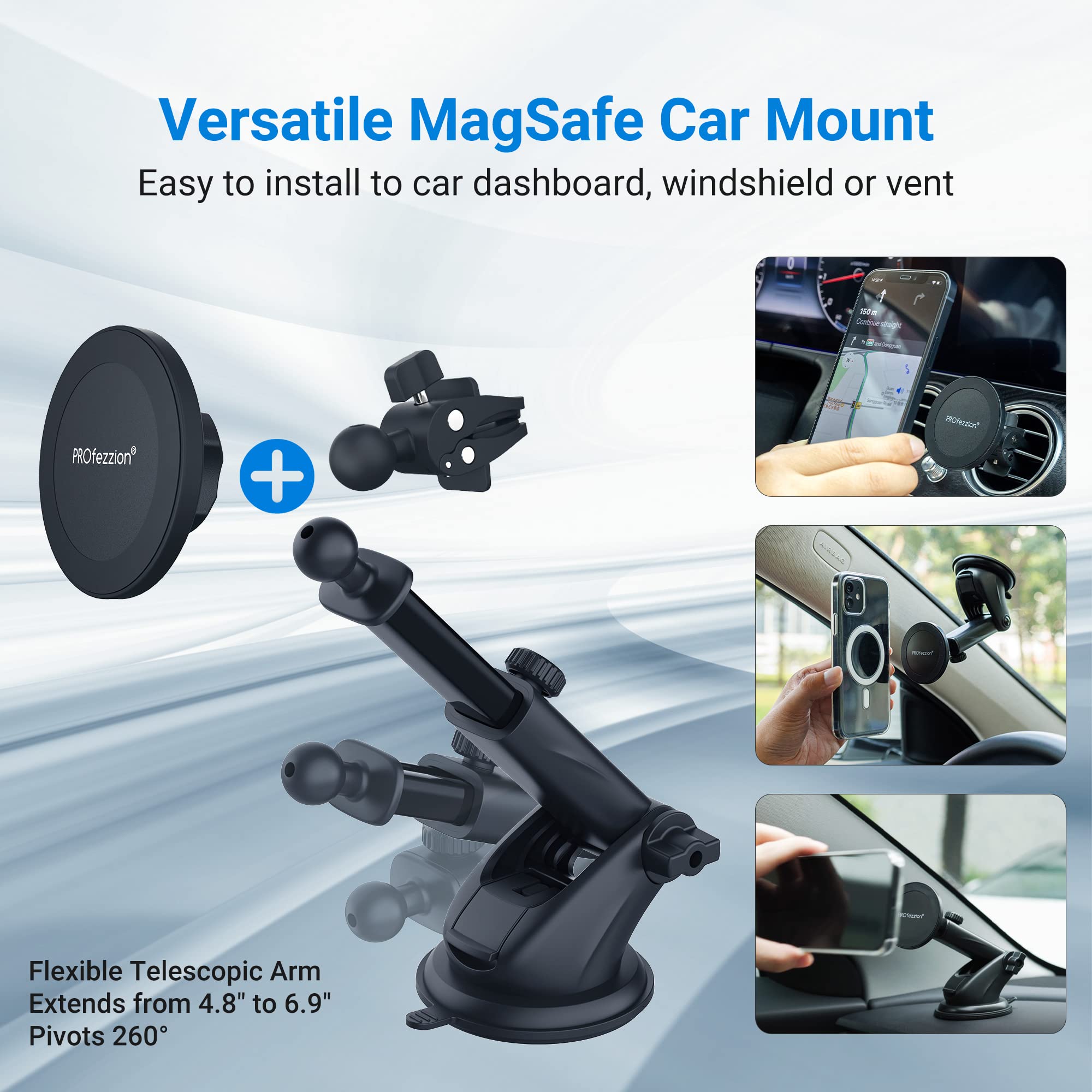 Profezzion Suction Cup & Vent Clip Combo Magnetic Phone Holder Compatible With Magsafe On Car Dash, Windshield Or Vent For Iphon