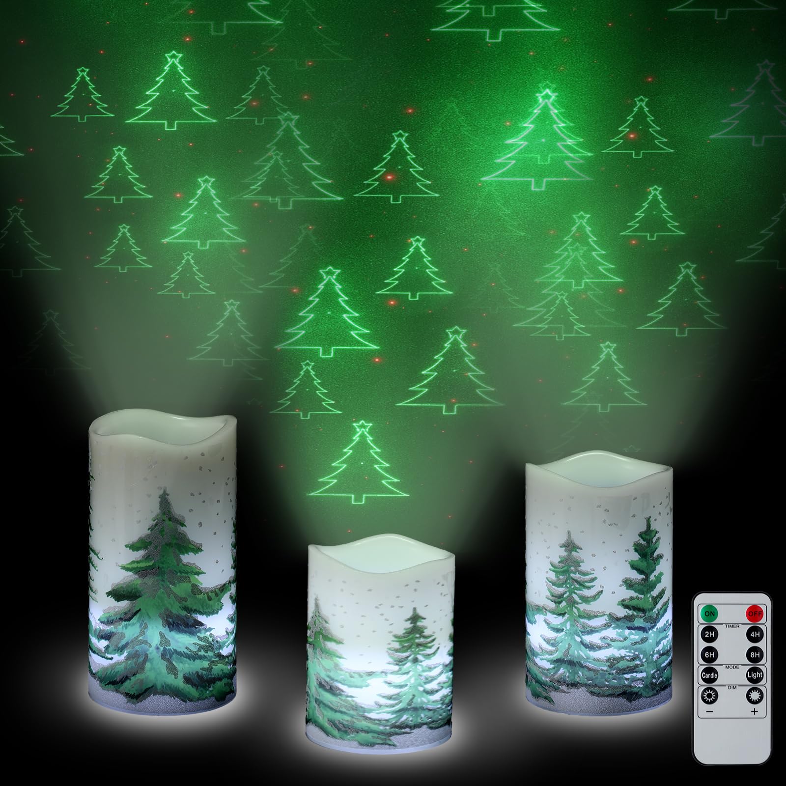Baquler 3 Pcs Christmas Flameless Candles Projector with Remote Timer - Christmas Tree Projector Lights LED Candles Battery Oper