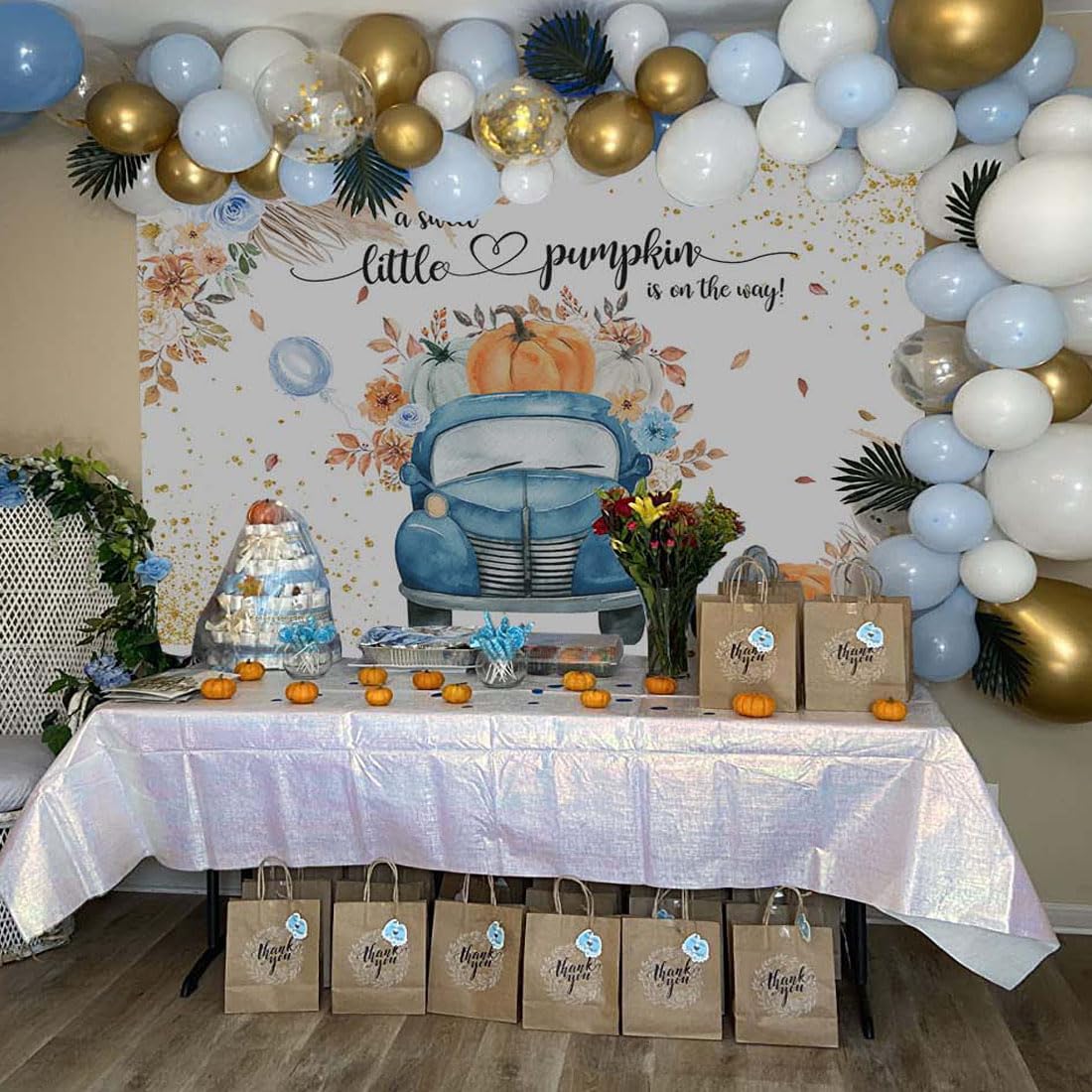 Avezano Blue Pumpkin Baby Shower Backdrop For Boy Boho Fall Baby Shower Decorations Little Pumpkin Truck Banner Thanksgiving Aut