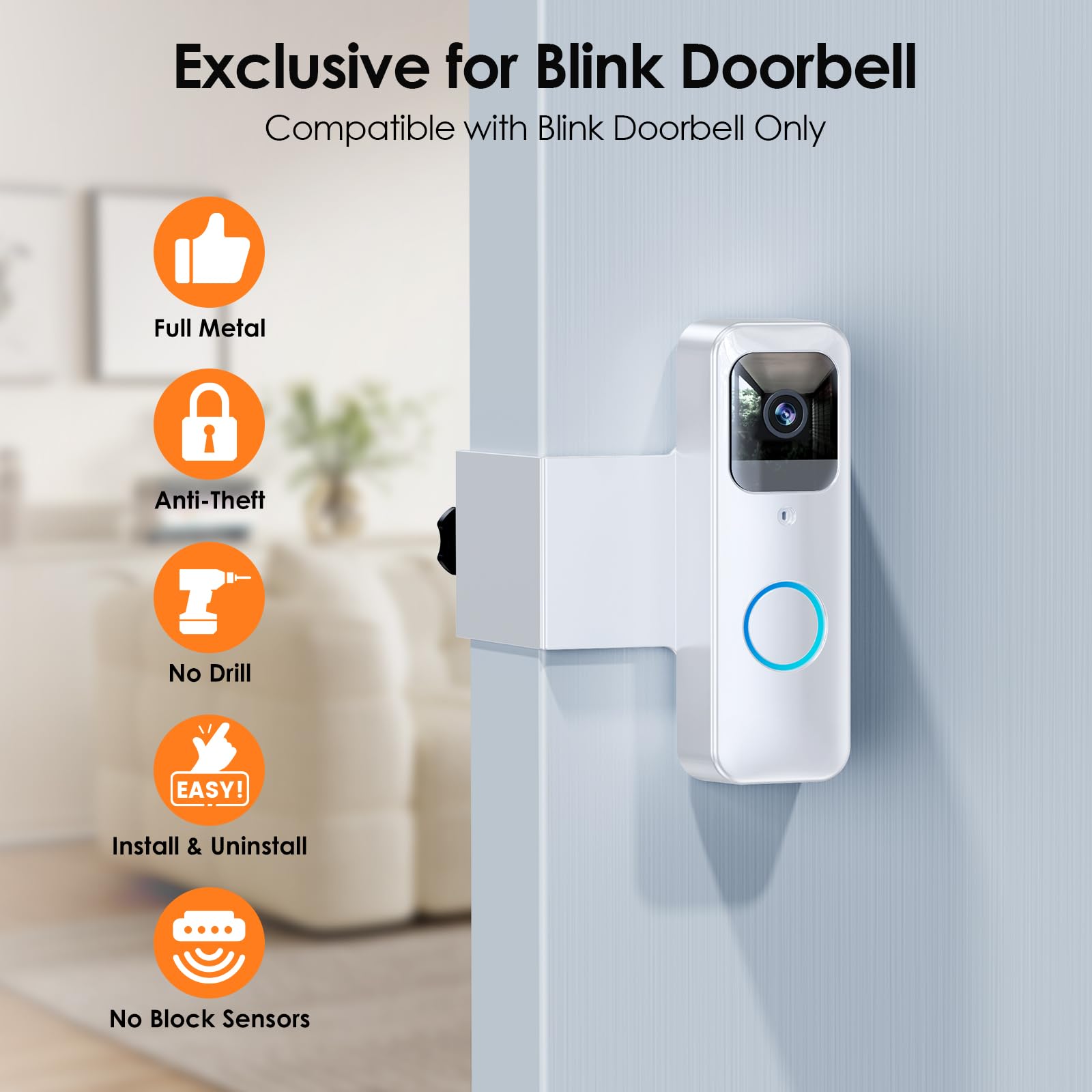 Blink Doorbell Mount, Full Metal Anti Theft No Drill Mount For Blink Video Doorbell, No Block Motion And Camera Sensors, Easy In