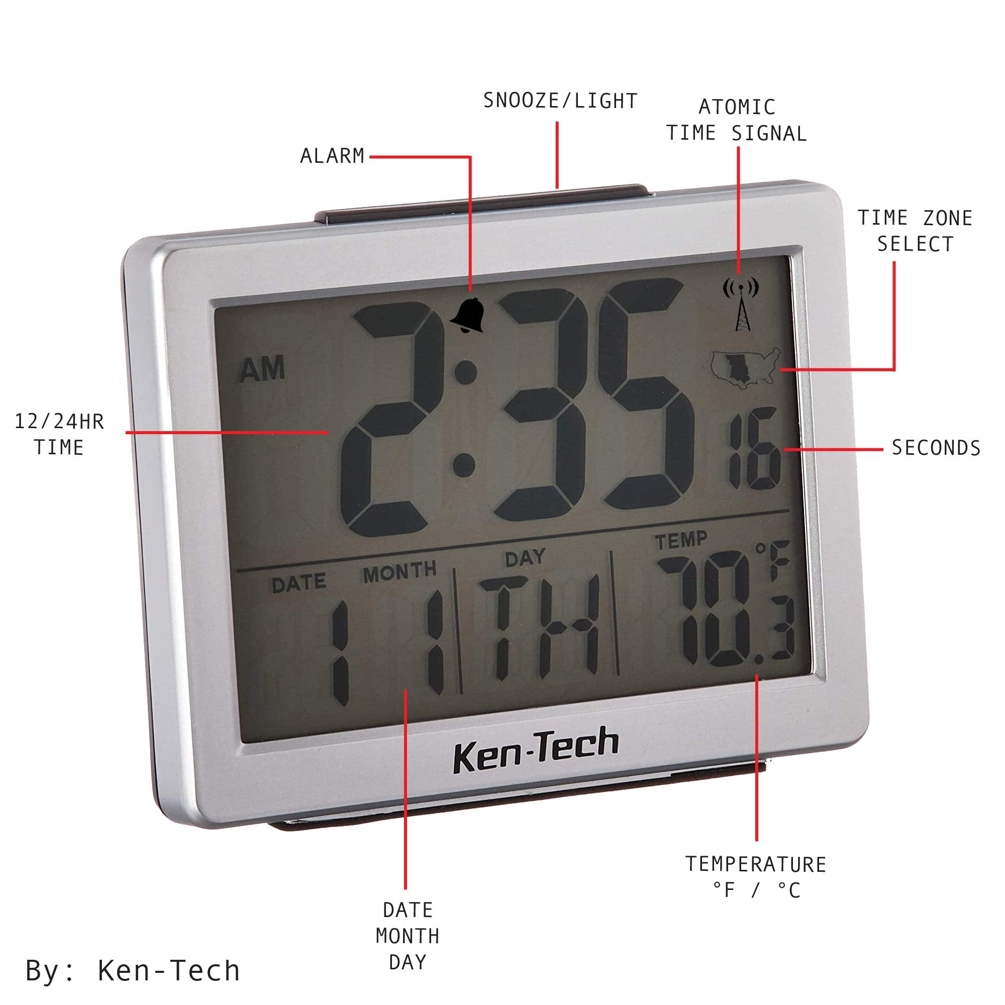Sonnet Ken Tech T 4652 Atomic Radio Controlled Lcd A Larm Clock, 1.5 Inch, Black Blue Light