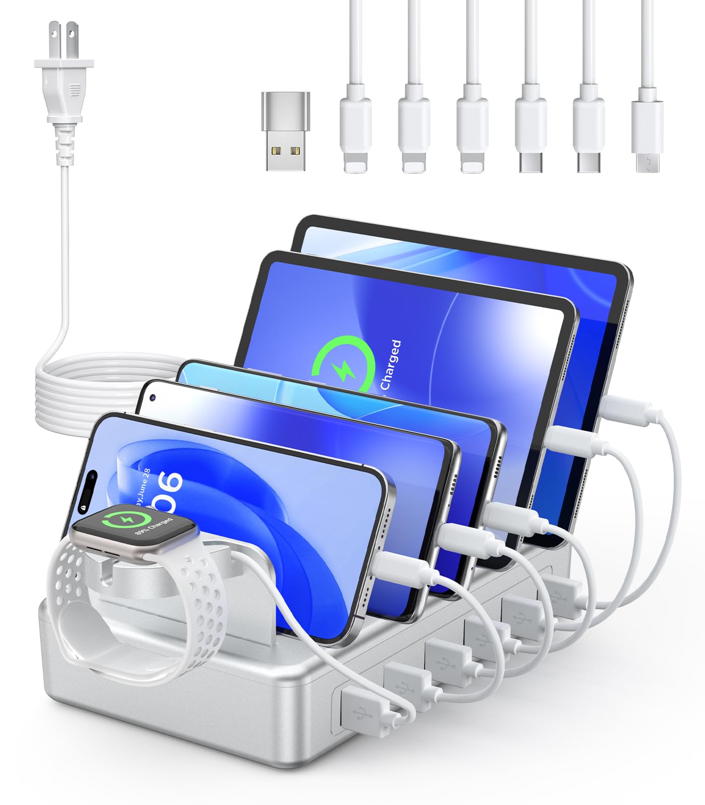 Charging Station for Multiple Devices Apple,50W 6 Port&6 Cables Charging Station for Apple Device with Apple Watch Holder,Chargi