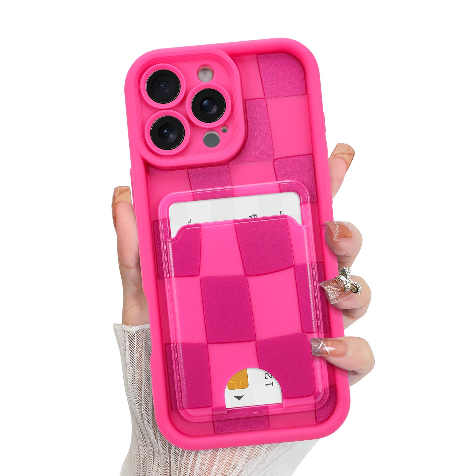 KANGHAR Compatible with iPhone 16 Pro Case, Wallet Silicone Checkered Cute Pattern, Card Holder Camera Protection Soft Slim Shoc