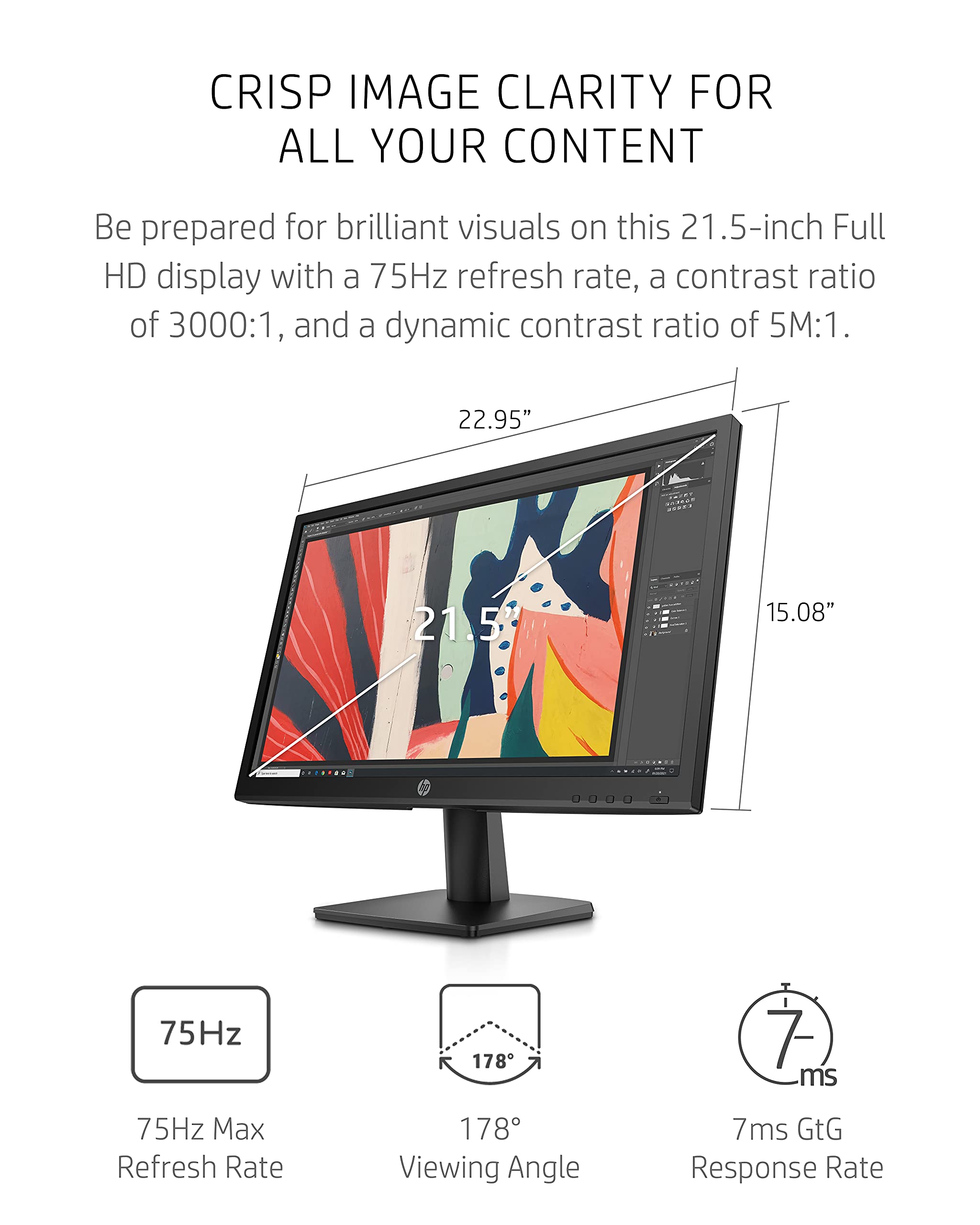 HP V222vb FHD Monitor, 1080p VA Display, 75Hz Refresh Rate, 21.5 inch Computer Screen, T�V Certified Low Blue Light Mode, Ergonomic Tilt, 3000:1 Contrast Ratio, HDMI & VGA Ports, VESA Mounting (2021)