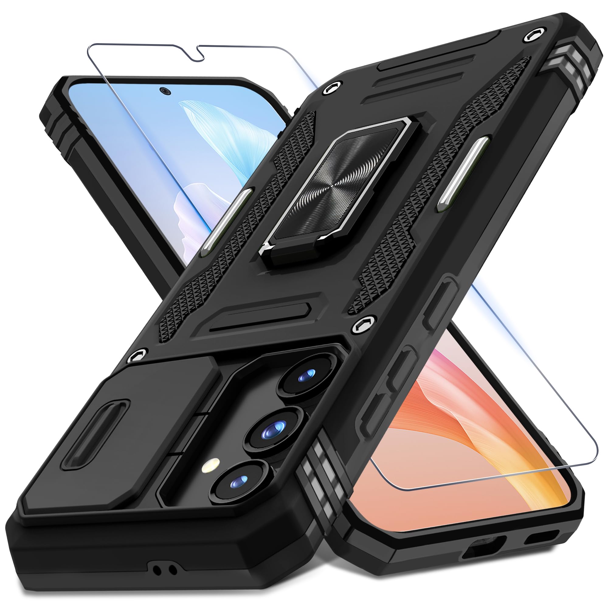 Deerlamn Case For Samsung Galaxy S24 Fe With Slide Camera Cover+Screen Protector(1 Pack), Rotated Ring Kickstand Military Grade