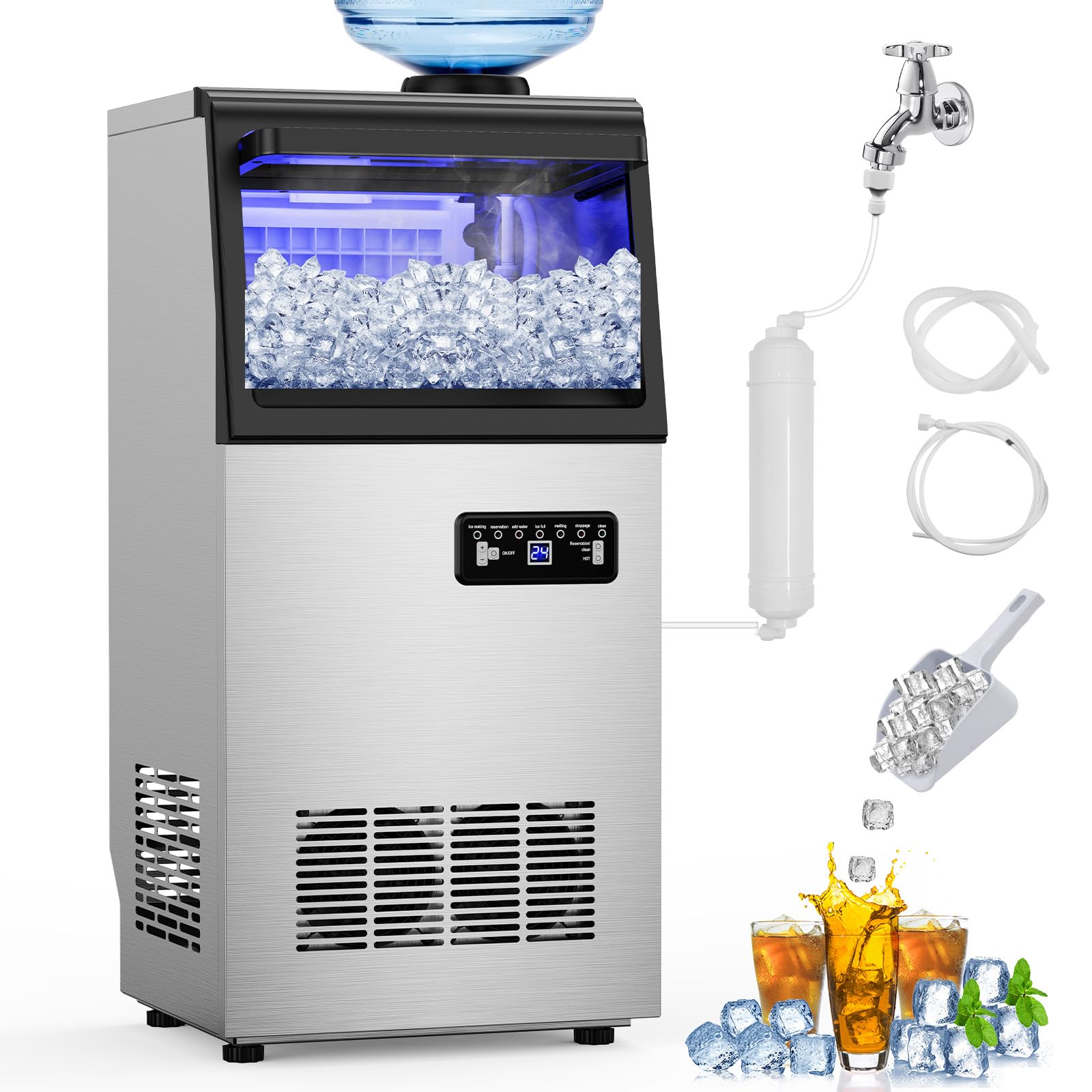 Commercial Ice Maker Machine 130 Lbs/24H, 45 Ice Trays Freestanding & Undercounter Ice Machine Stainless Steel With 20 Lbs Ice S