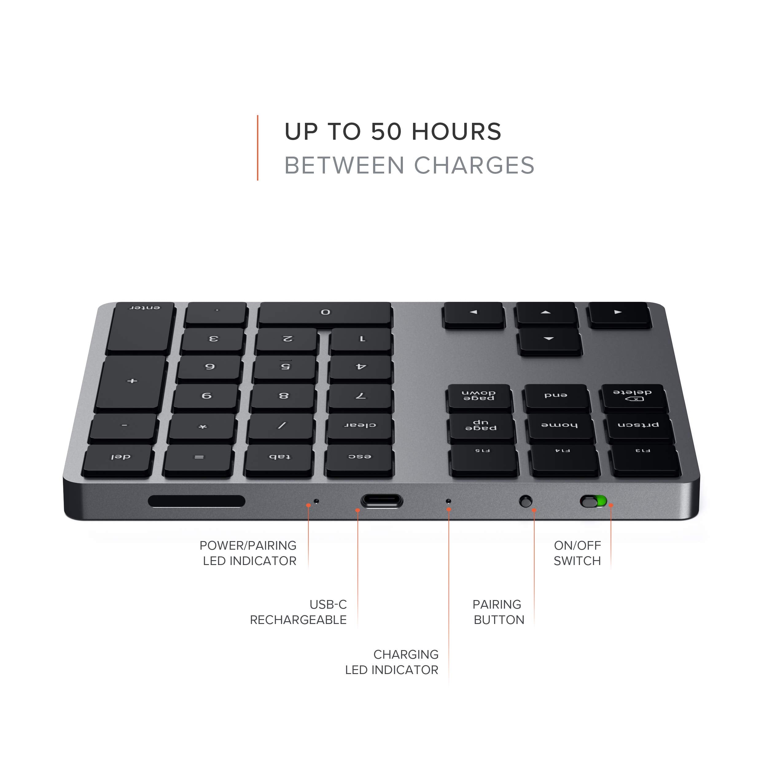 Satechi Bluetooth Extended Numeric Keypad � Slim Rechargeable 34 Key Numberpad � For M4/M2/M1 Macbook Pro/Air, M4/M2/M1 Ipad Pro/Air, M2 Mac Mini, Imac M1/M4 (Space Gray)
