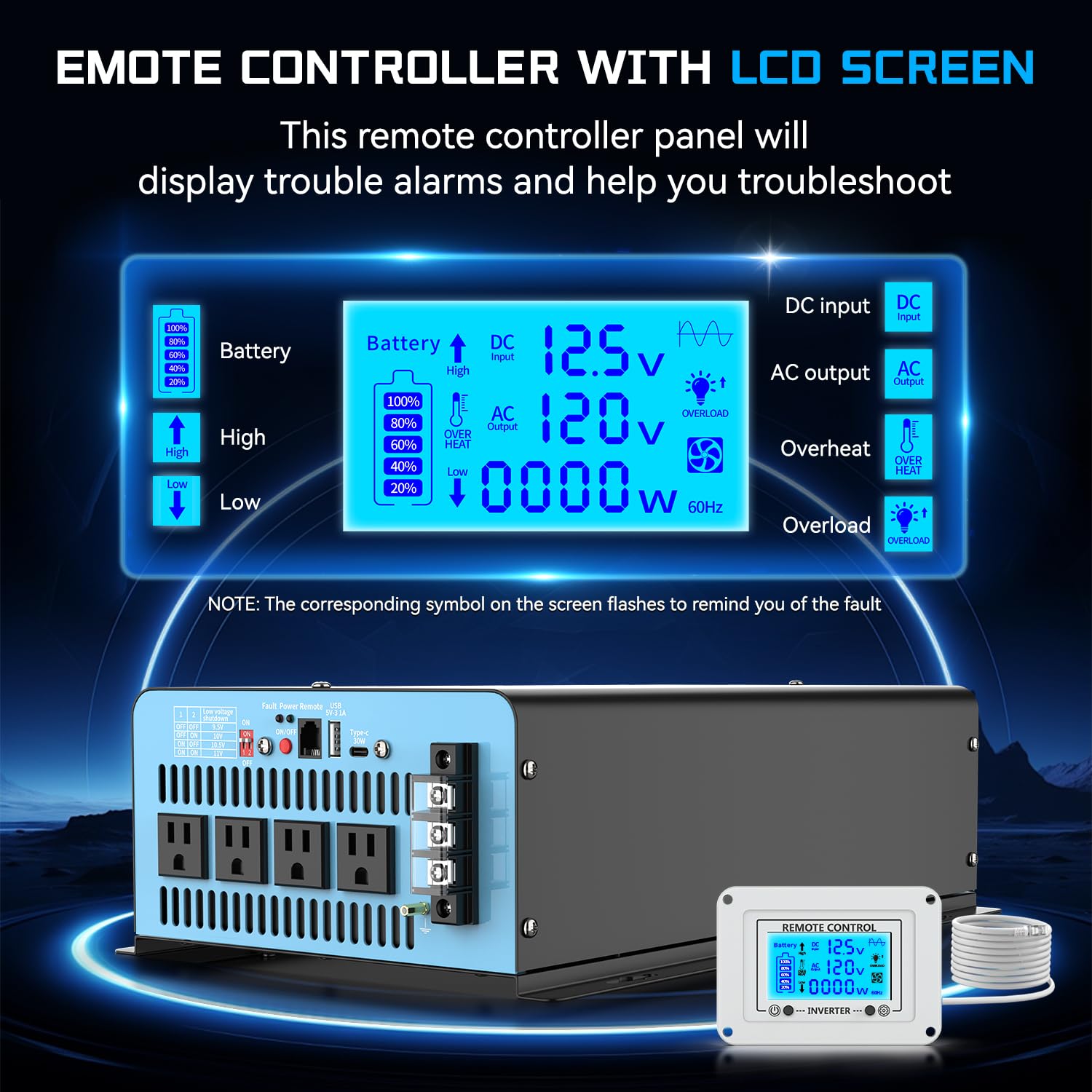 OLTEANP 3000W Pure Sine Wave Inverter, 12V DC to 110V AC, 4 AC Outlets, USB & Type-C Ports, Remote Control, Black