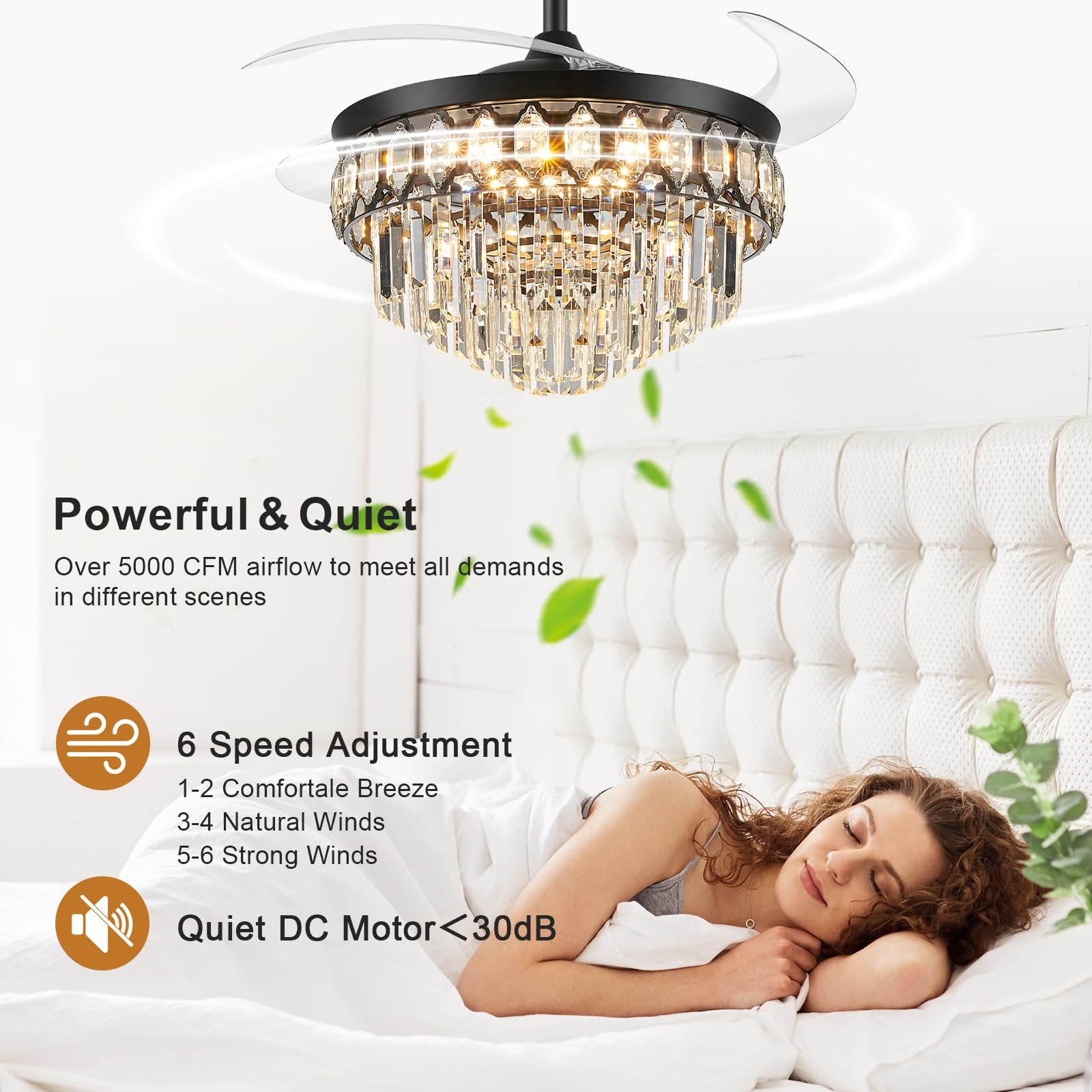 Fidgra 42'' Fandelier Ceiling Fan With Light, Retractable Ceiling Fan With Lights Chandelier Fan For Bedroom, Living Room, Led D